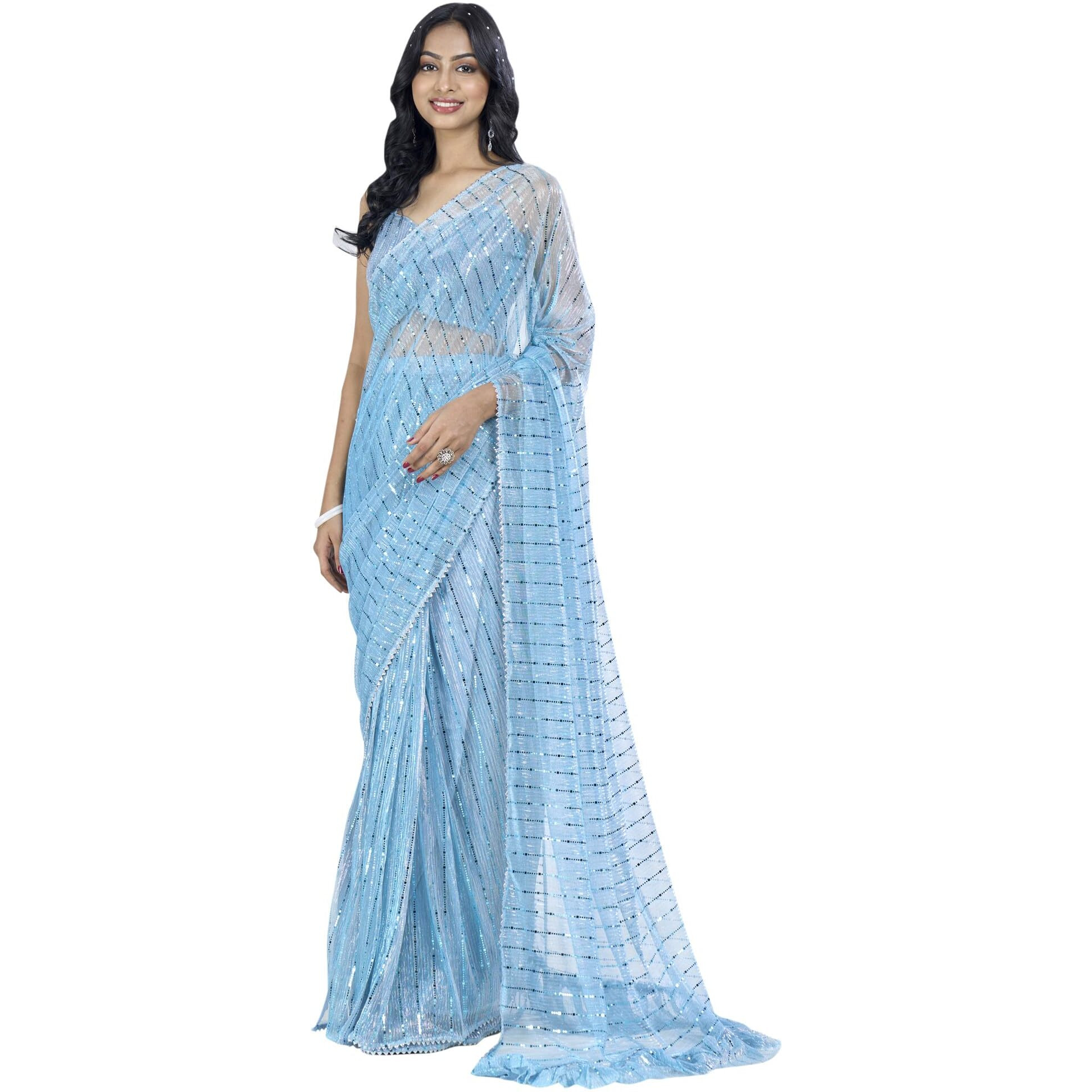 SAREE MALL Womens Lycra Embellished Printed Ready To Wear one Minute Saree With Unstitched Blouse Piece(Blue_RTWMAHEK5001B_MK)