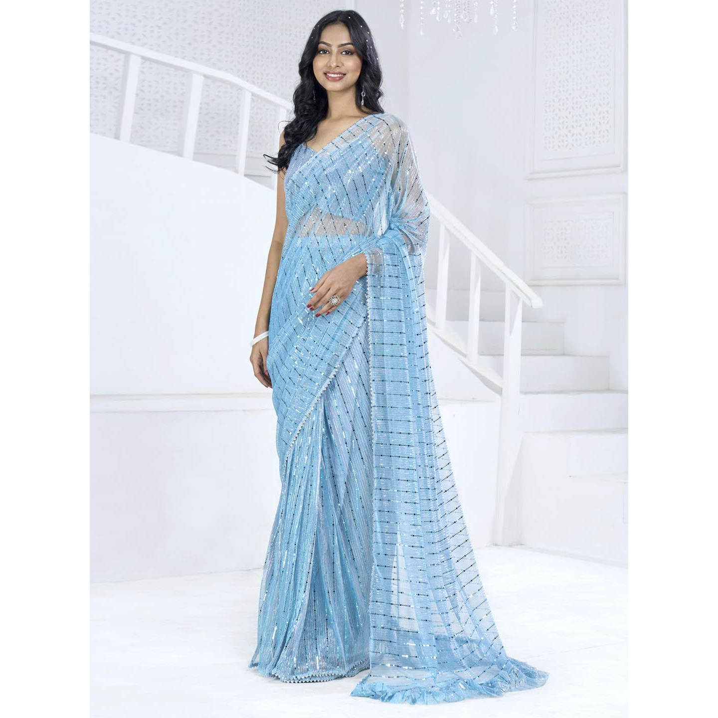 SAREE MALL Womens Lycra Embellished Printed Ready To Wear one Minute Saree With Unstitched Blouse Piece(Blue_RTWMAHEK5001B_MK)