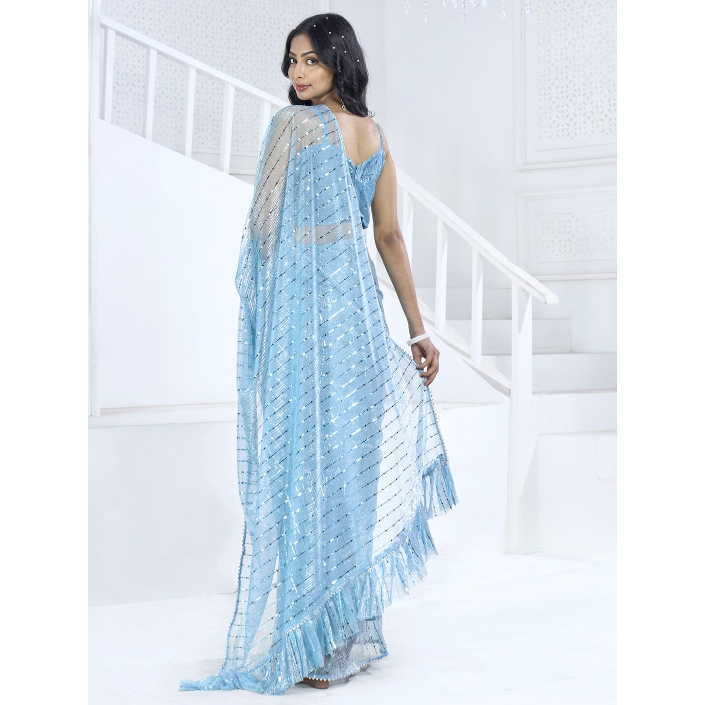 SAREE MALL Womens Lycra Embellished Printed Ready To Wear one Minute Saree With Unstitched Blouse Piece(Blue_RTWMAHEK5001B_MK)