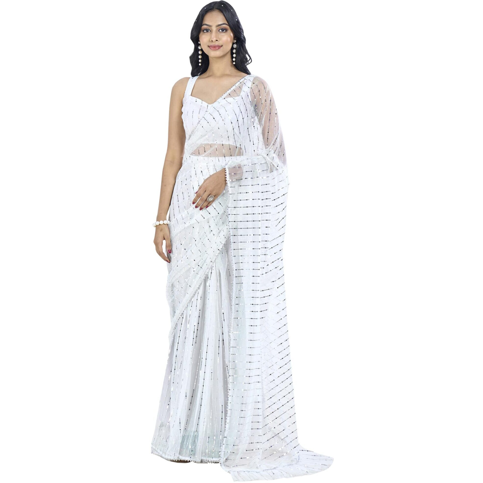 SAREE MALL Womens Lycra Embellished Printed Ready To Wear one Minute Saree With Unstitched Blouse Piece(White_RTWMAHEK5001A_MK)