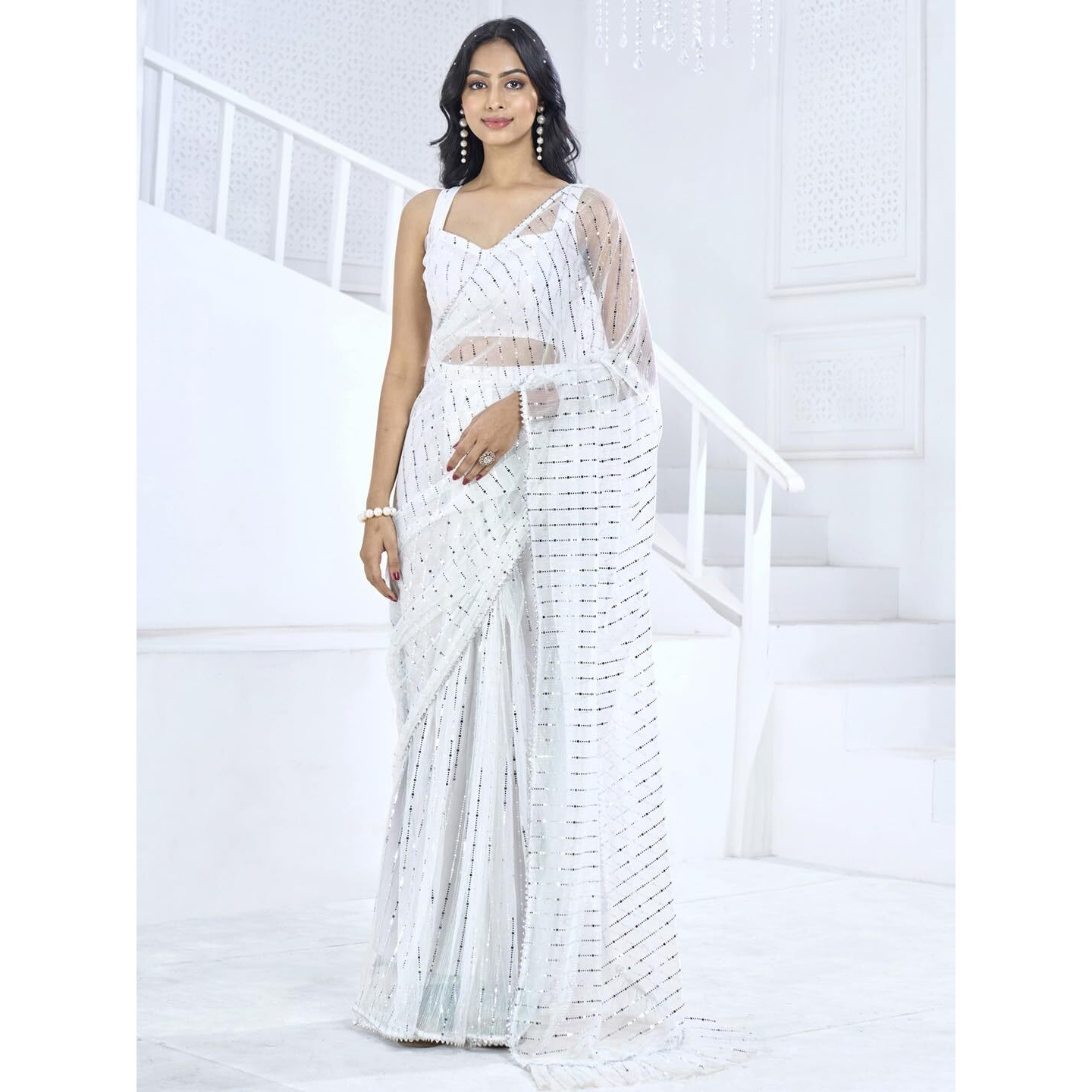 SAREE MALL Womens Lycra Embellished Printed Ready To Wear one Minute Saree With Unstitched Blouse Piece(White_RTWMAHEK5001A_MK)