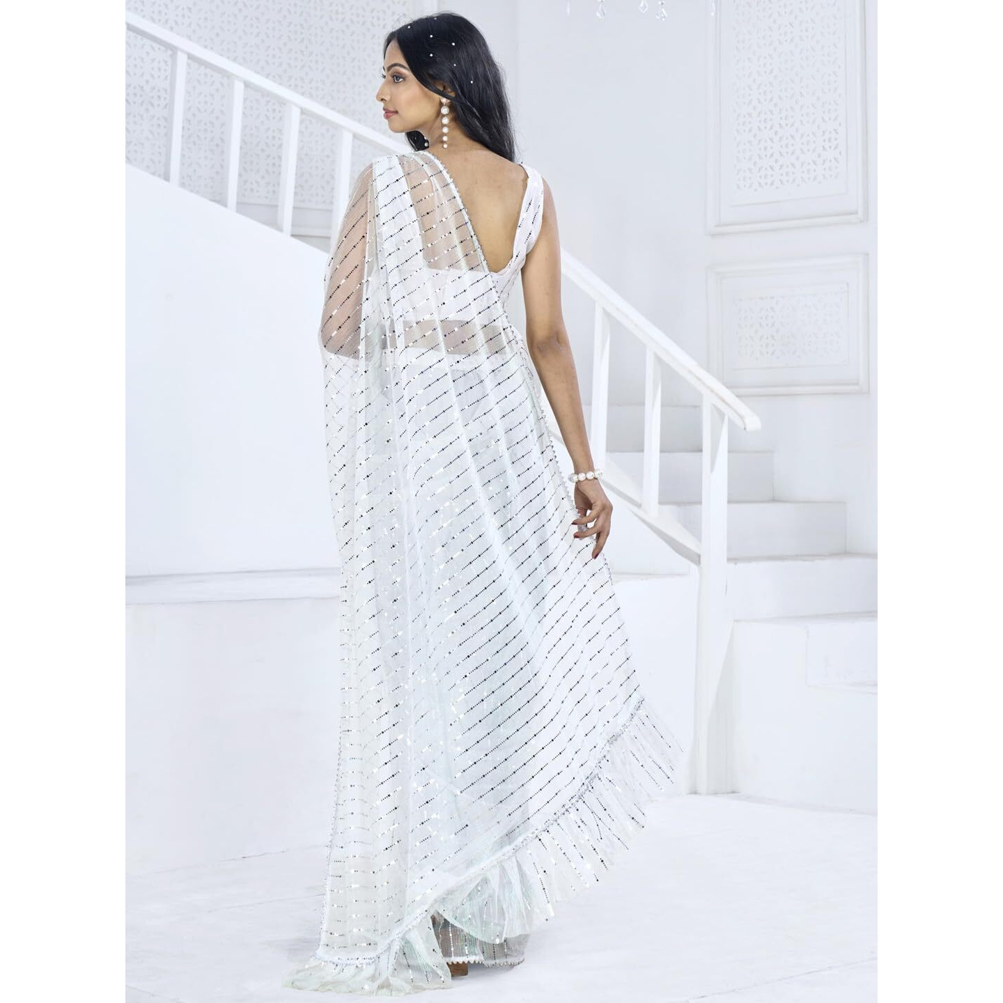 SAREE MALL Womens Lycra Embellished Printed Ready To Wear one Minute Saree With Unstitched Blouse Piece(White_RTWMAHEK5001A_MK)