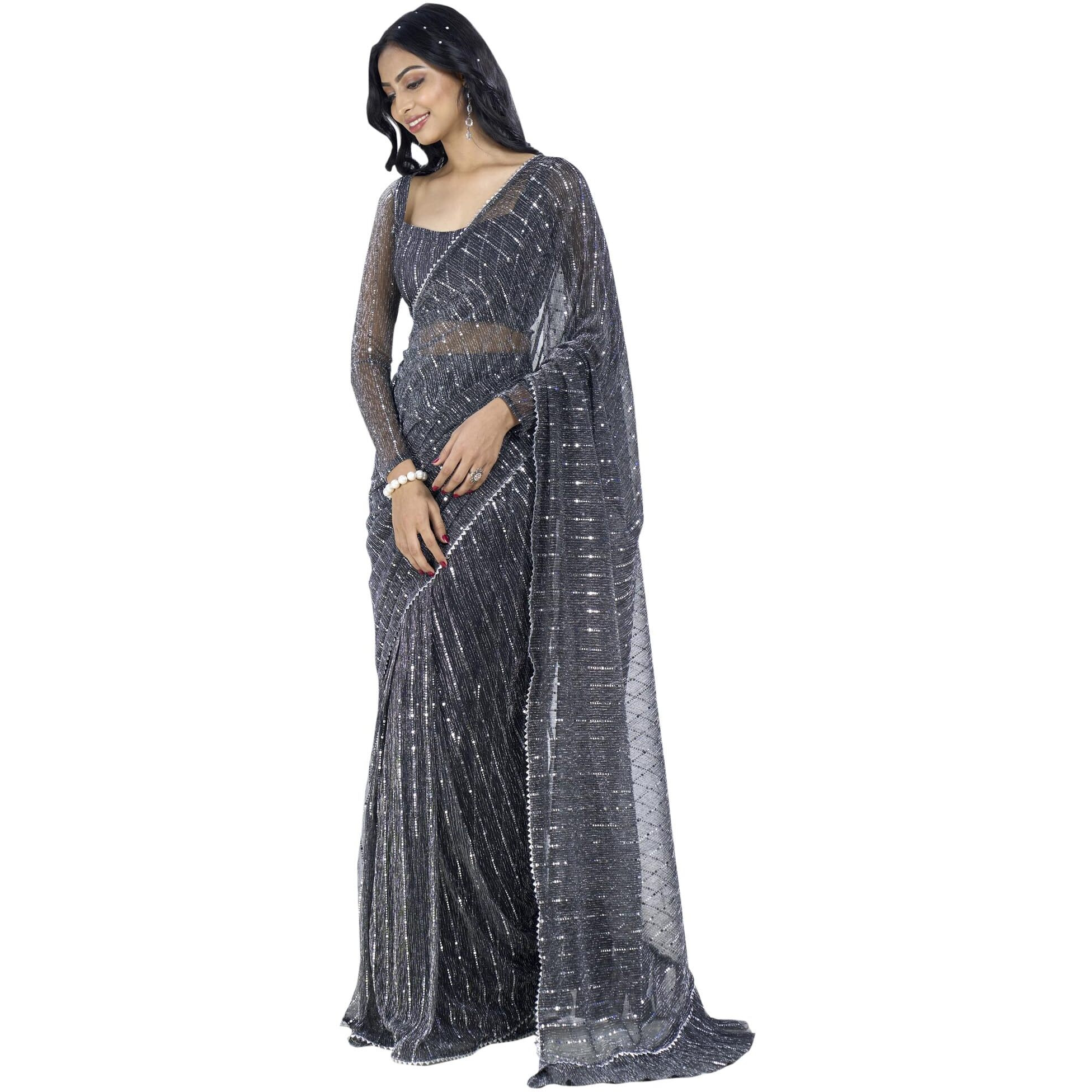 SAREE MALL Womens Lycra Embellished Printed Ready To Wear one Minute Saree With Unstitched Blouse Piece(Black_RTWMAHEK5001E_MK)