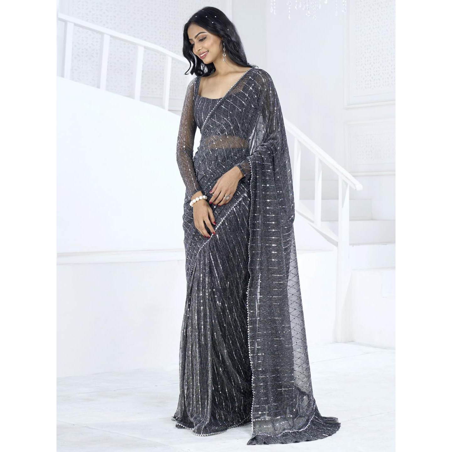 SAREE MALL Womens Lycra Embellished Printed Ready To Wear one Minute Saree With Unstitched Blouse Piece(Black_RTWMAHEK5001E_MK)