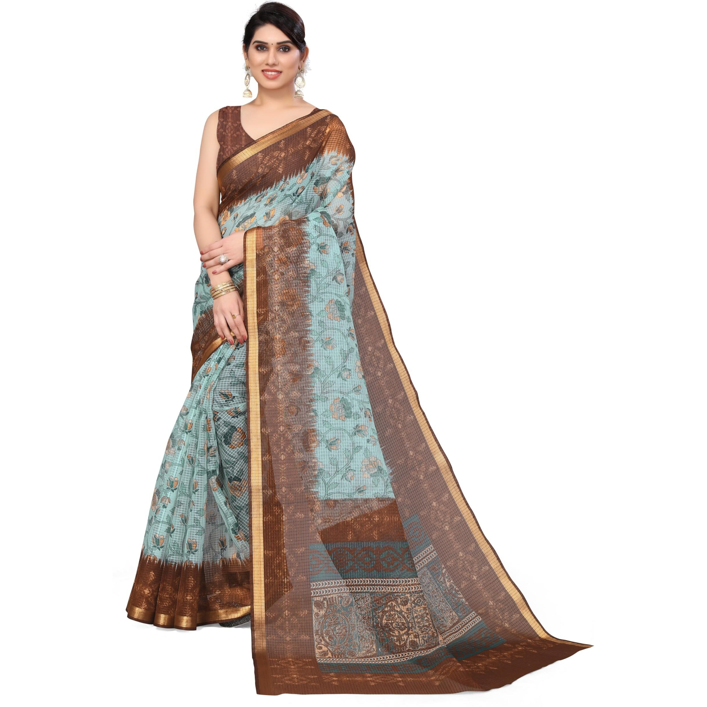 MIRCHI FASHION Womens Plain Weave Kota Doria Checks Woven Floral Printed Saree with Blouse Piece (37623-Light Blue, Teal)