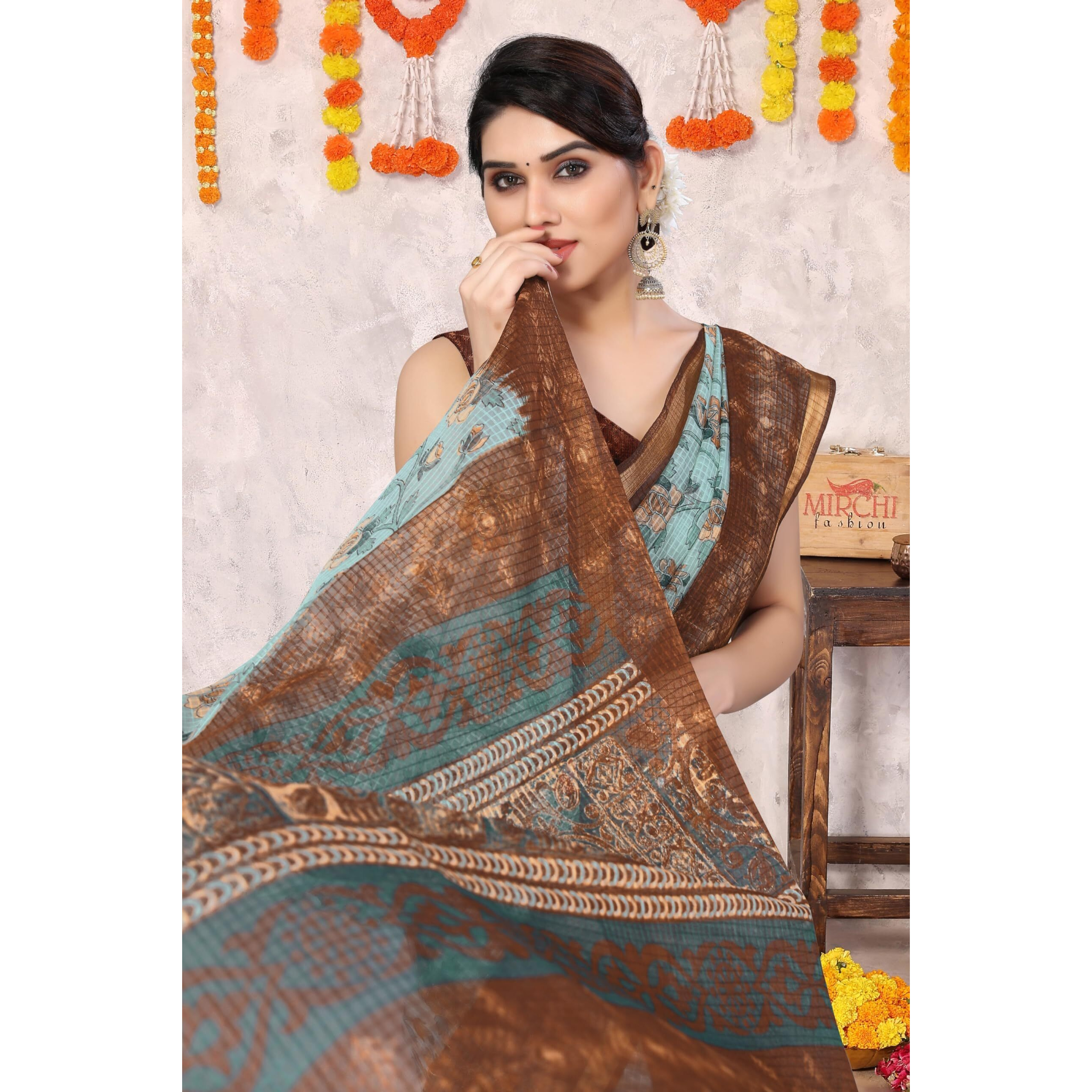 MIRCHI FASHION Womens Plain Weave Kota Doria Checks Woven Floral Printed Saree with Blouse Piece (37623-Light Blue, Teal)