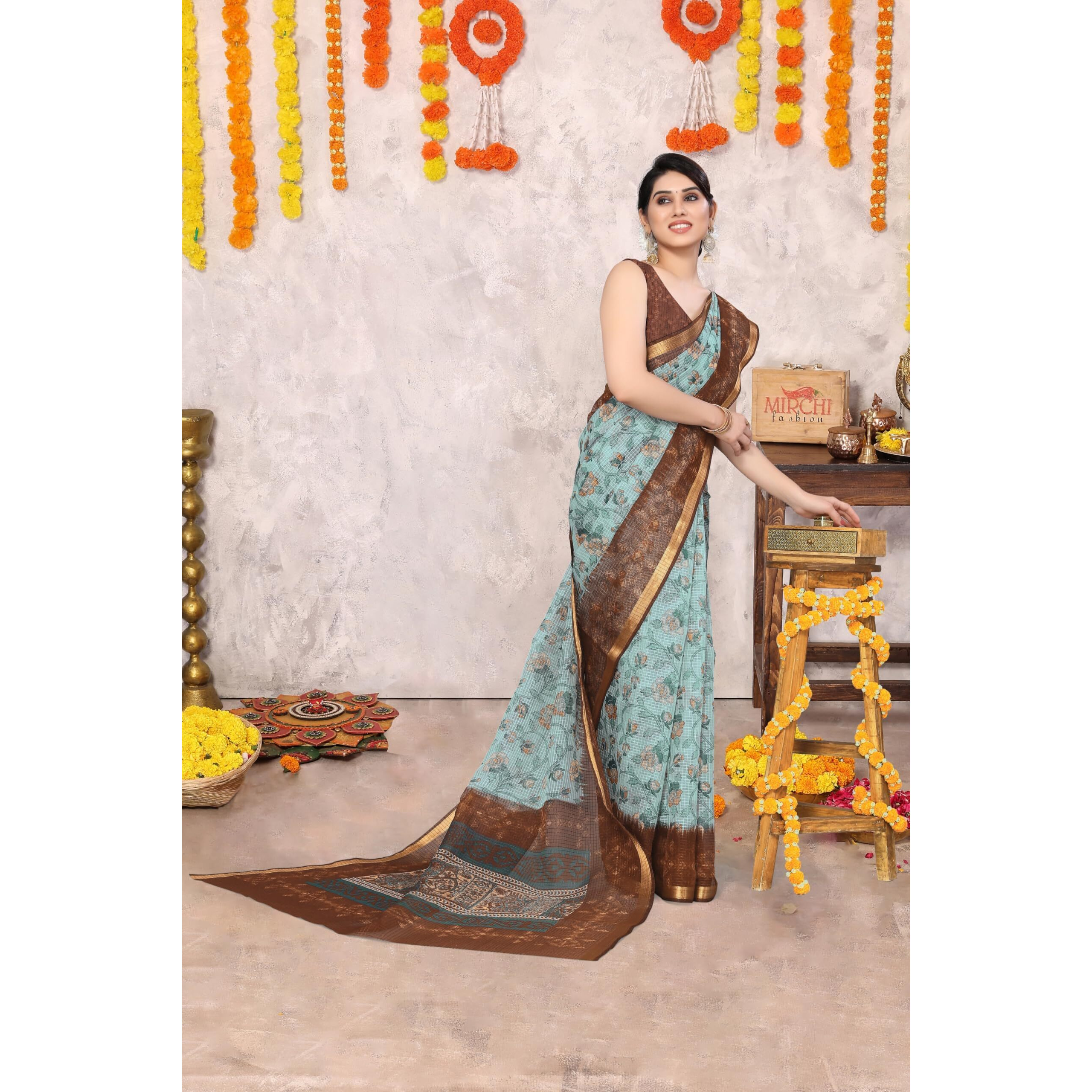 MIRCHI FASHION Womens Plain Weave Kota Doria Checks Woven Floral Printed Saree with Blouse Piece (37623-Light Blue, Teal)