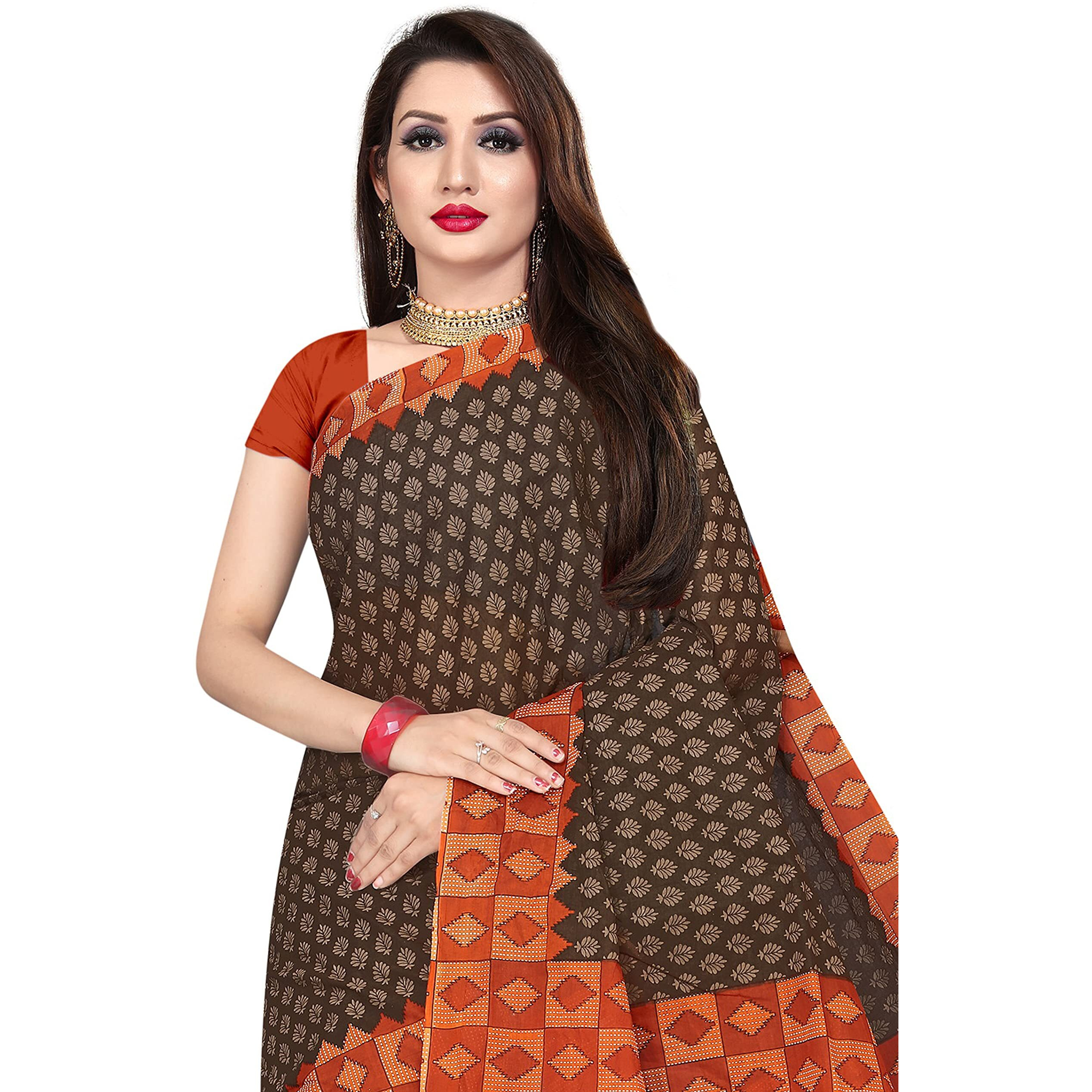 TAMAIRA FASHION Womens Plain Weave Pure Cotton Saree Without Blouse Piece(AB15_BrownandRustbrown)