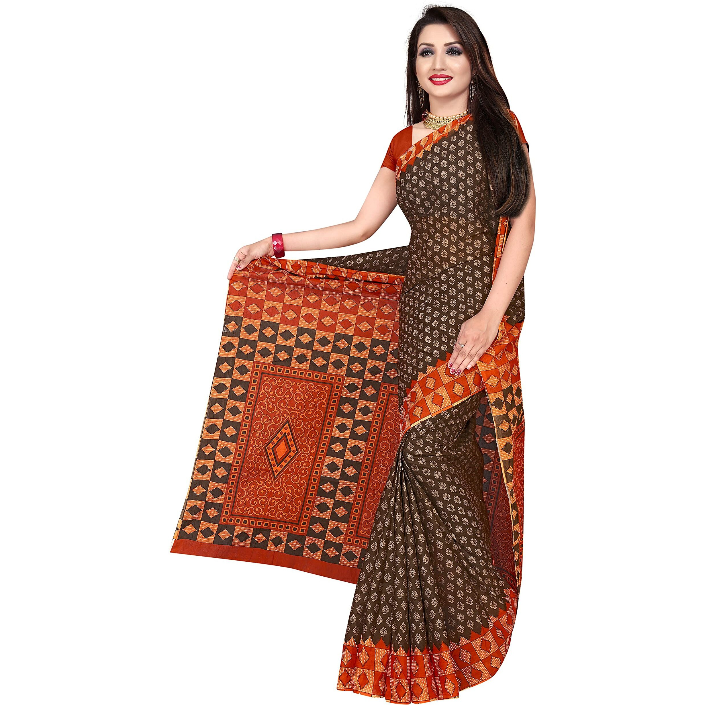 TAMAIRA FASHION Womens Plain Weave Pure Cotton Saree Without Blouse Piece(AB15_BrownandRustbrown)