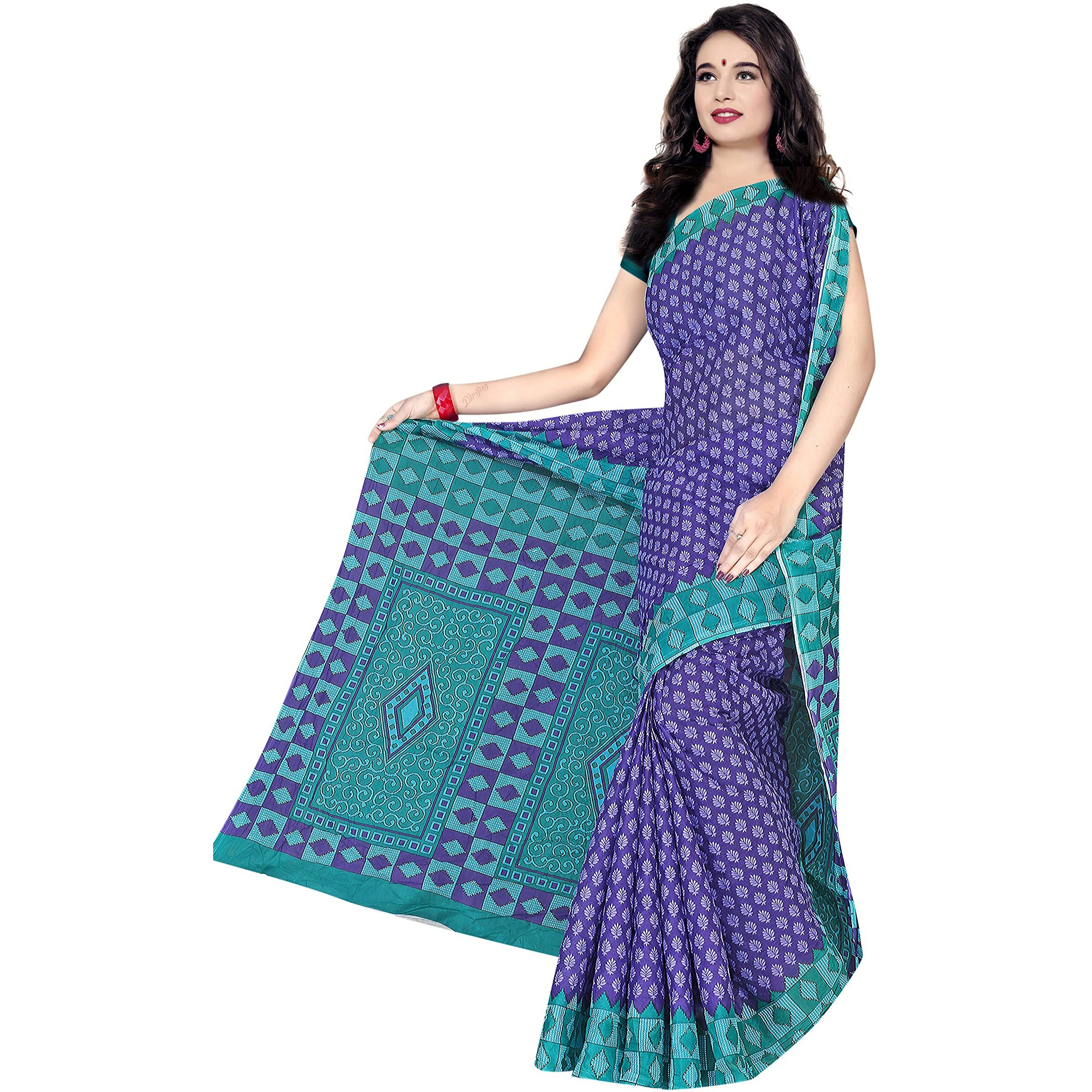 TAMAIRA FASHION Womens Plain Weave Pure Cotton Saree Without Blouse Piece (AB15_Purple and Seagreen)