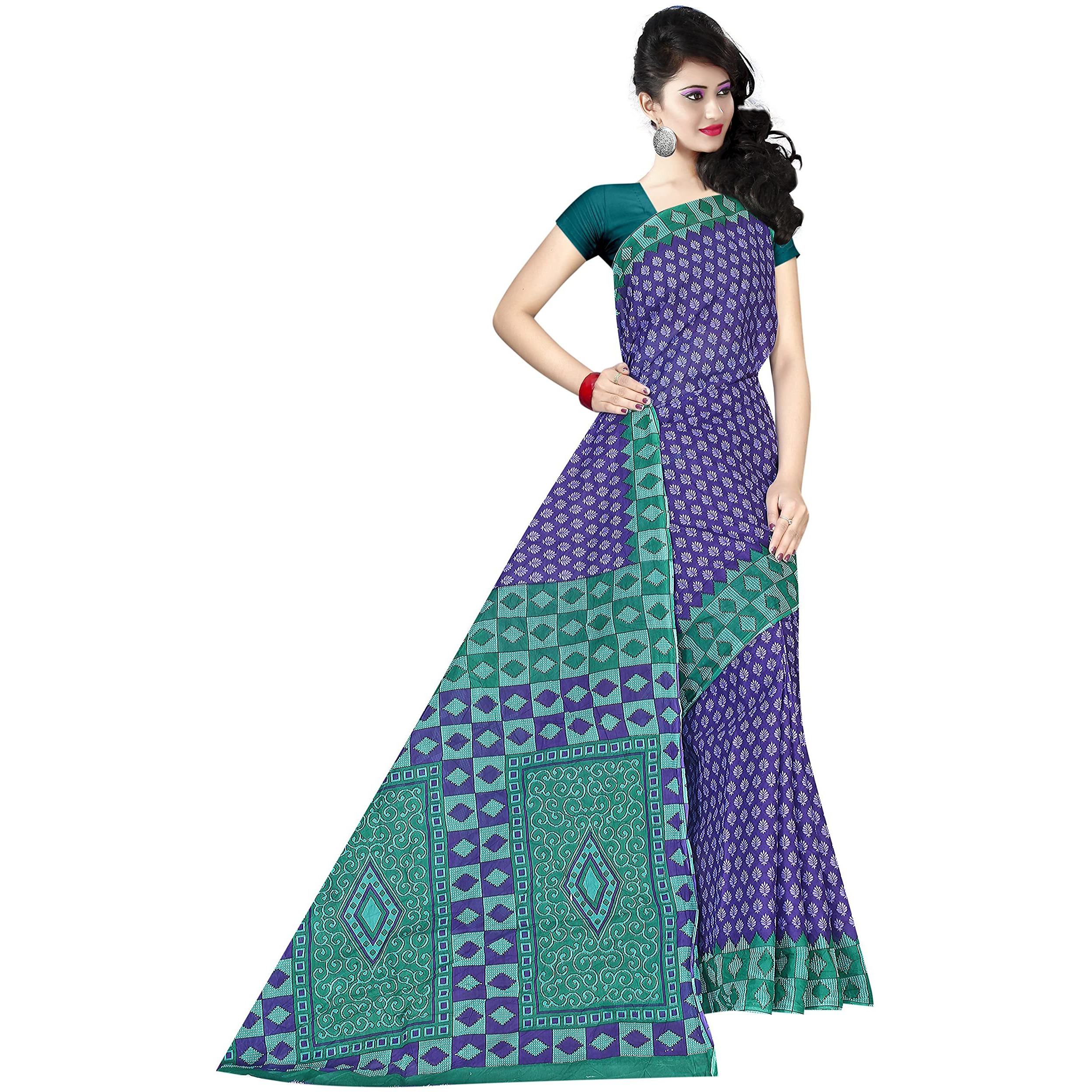 TAMAIRA FASHION Womens Plain Weave Pure Cotton Saree Without Blouse Piece (AB15_Purple and Seagreen)