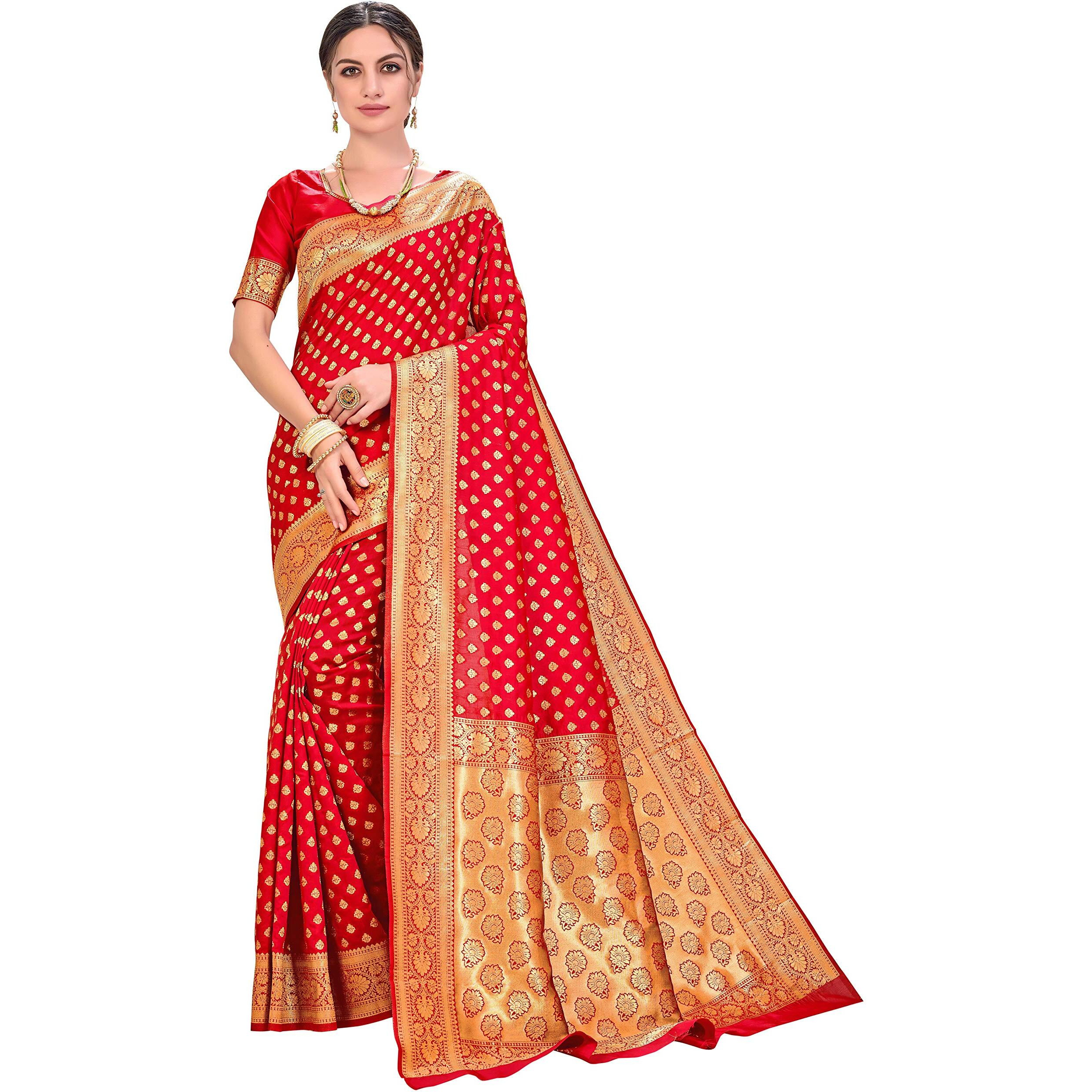 Glory Sarees Womens Banarasi Silk Saree With Blouse Piece (kara128_red_Red)