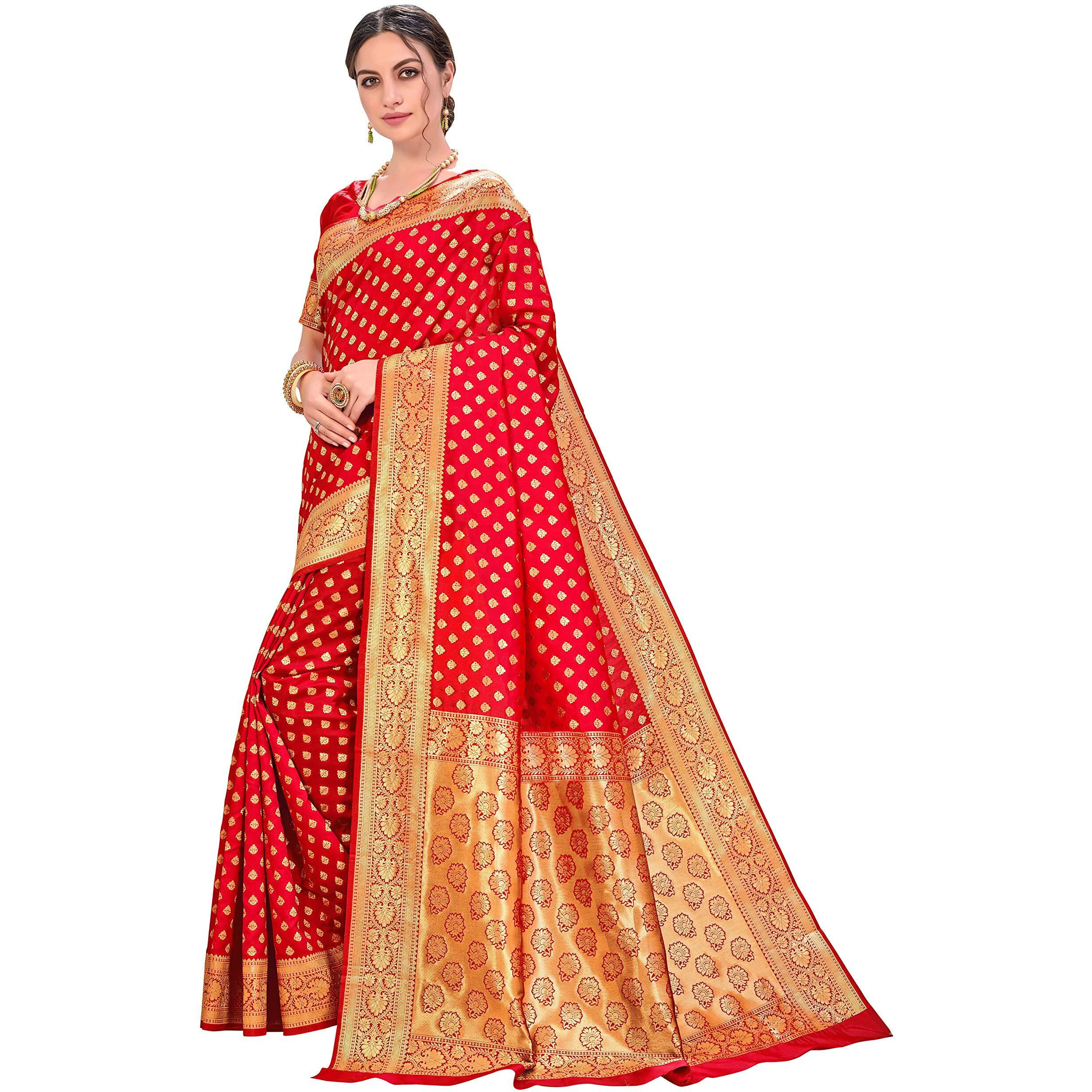 Glory Sarees Womens Banarasi Silk Saree With Blouse Piece (kara128_red_Red)