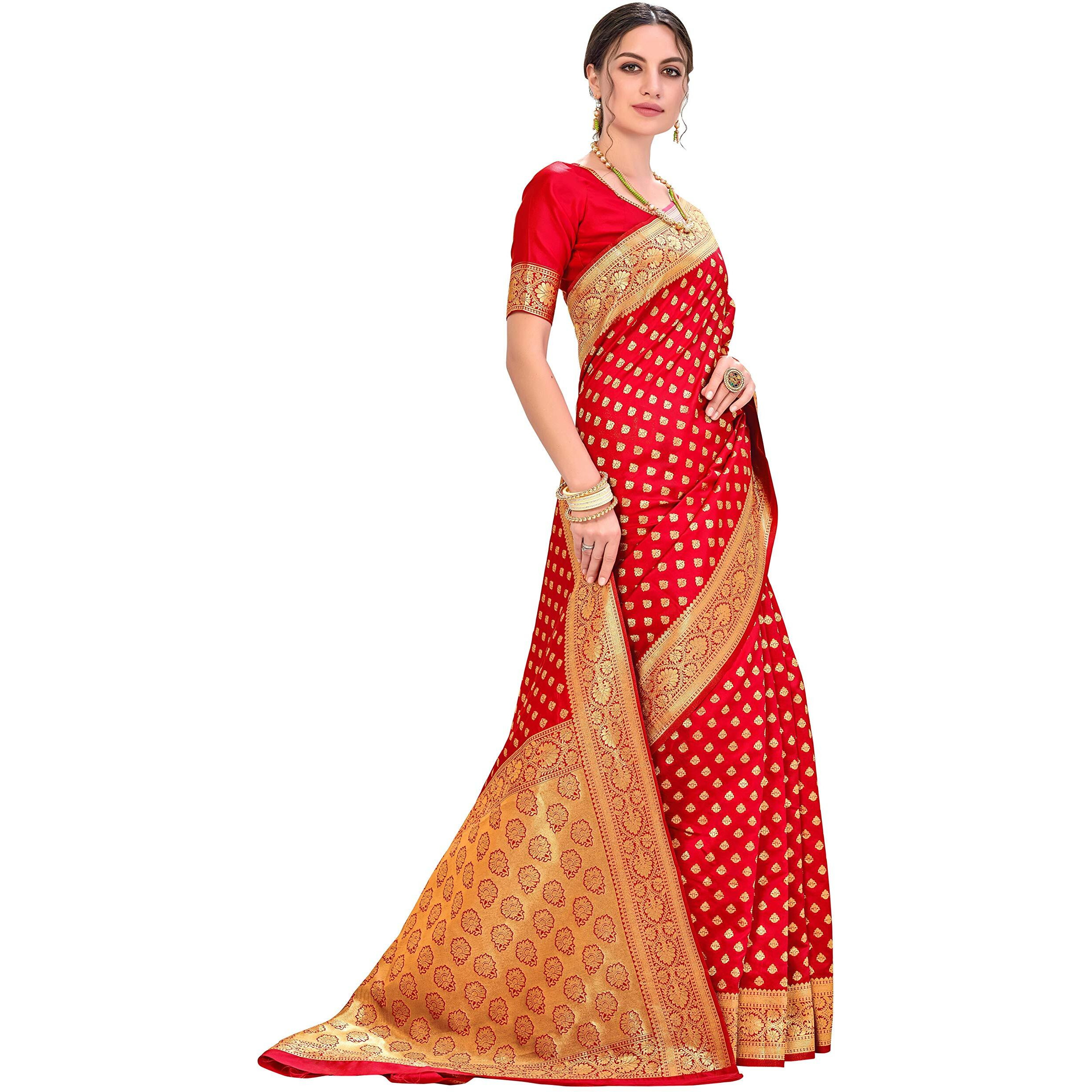 Glory Sarees Womens Banarasi Silk Saree With Blouse Piece (kara128_red_Red)