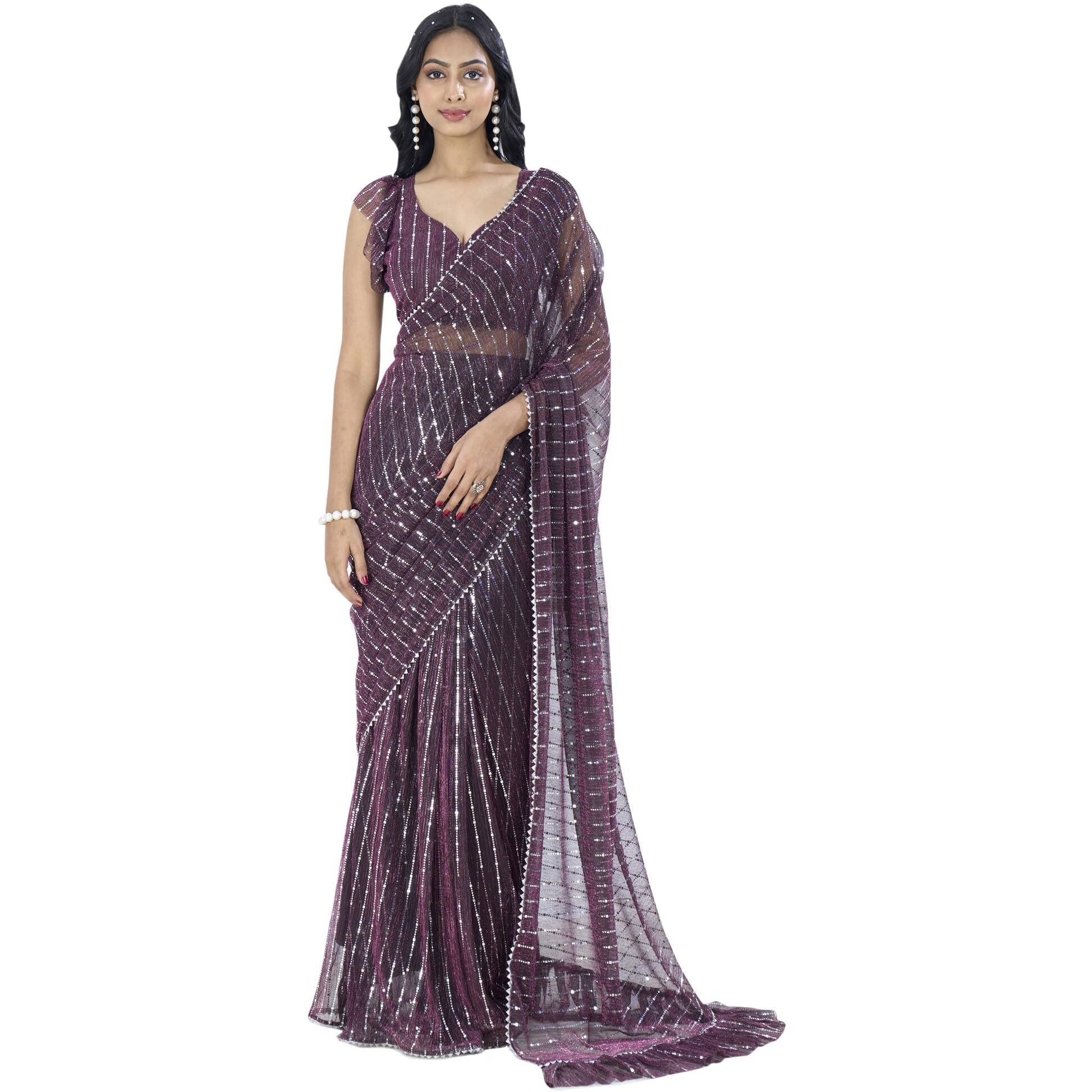 SAREE MALL Womens Lycra Embellished Printed Ready To Wear one Minute Saree With Unstitched Blouse Piece(Magenta_RTWMAHEK5001I_MK)