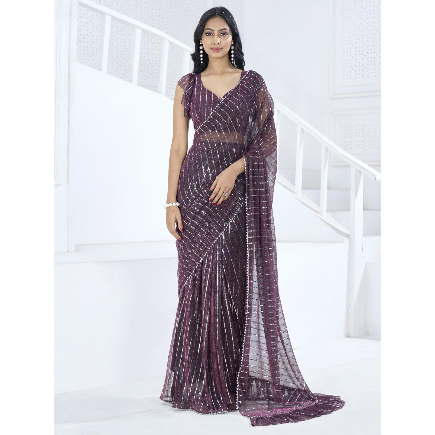 SAREE MALL Womens Lycra Embellished Printed Ready To Wear one Minute Saree With Unstitched Blouse Piece(Magenta_RTWMAHEK5001I_MK)
