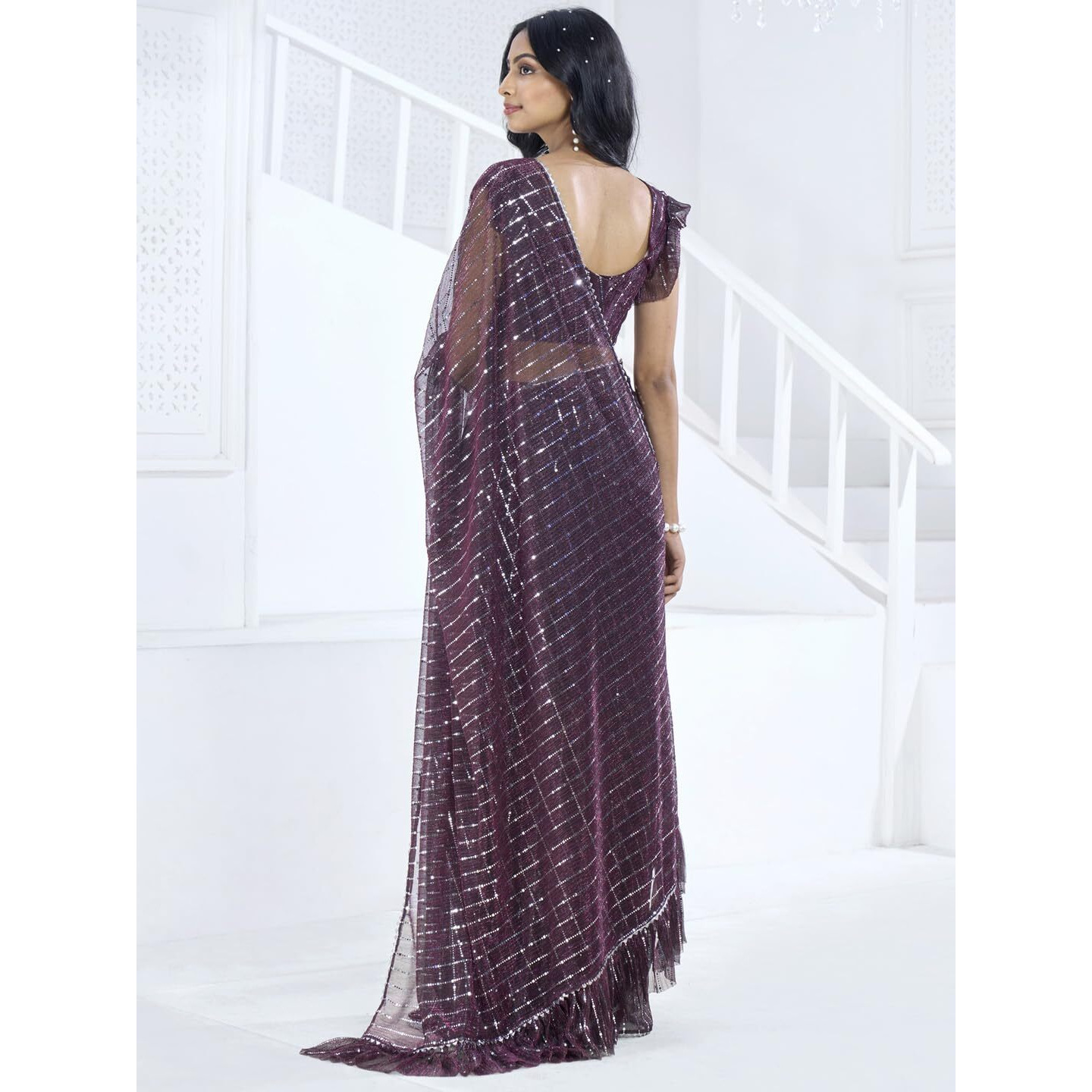 SAREE MALL Womens Lycra Embellished Printed Ready To Wear one Minute Saree With Unstitched Blouse Piece(Magenta_RTWMAHEK5001I_MK)