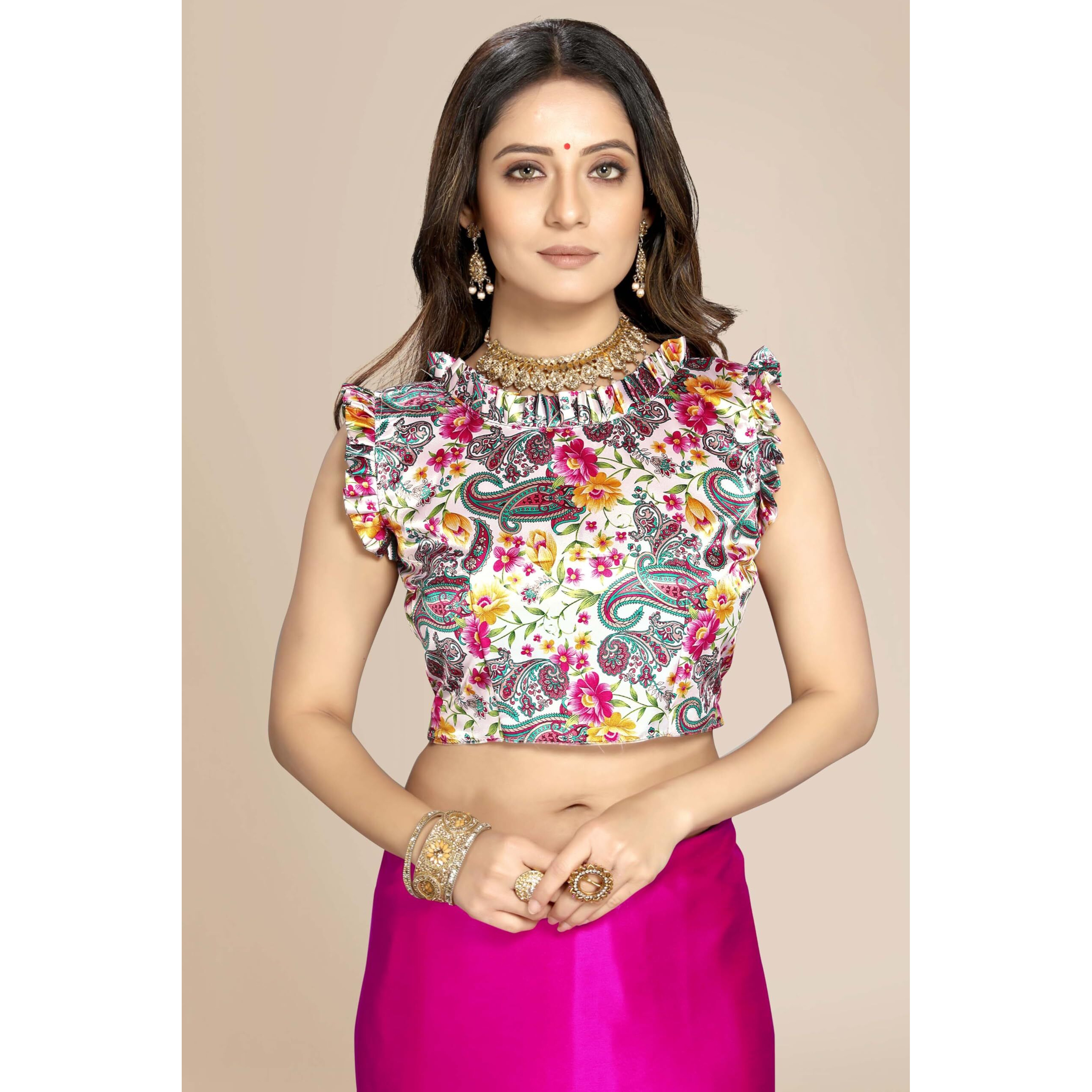 Kaugalian store Womens Solid Satin Silk Saree With Digital Printed Unstitched Blouse Piece - Rani