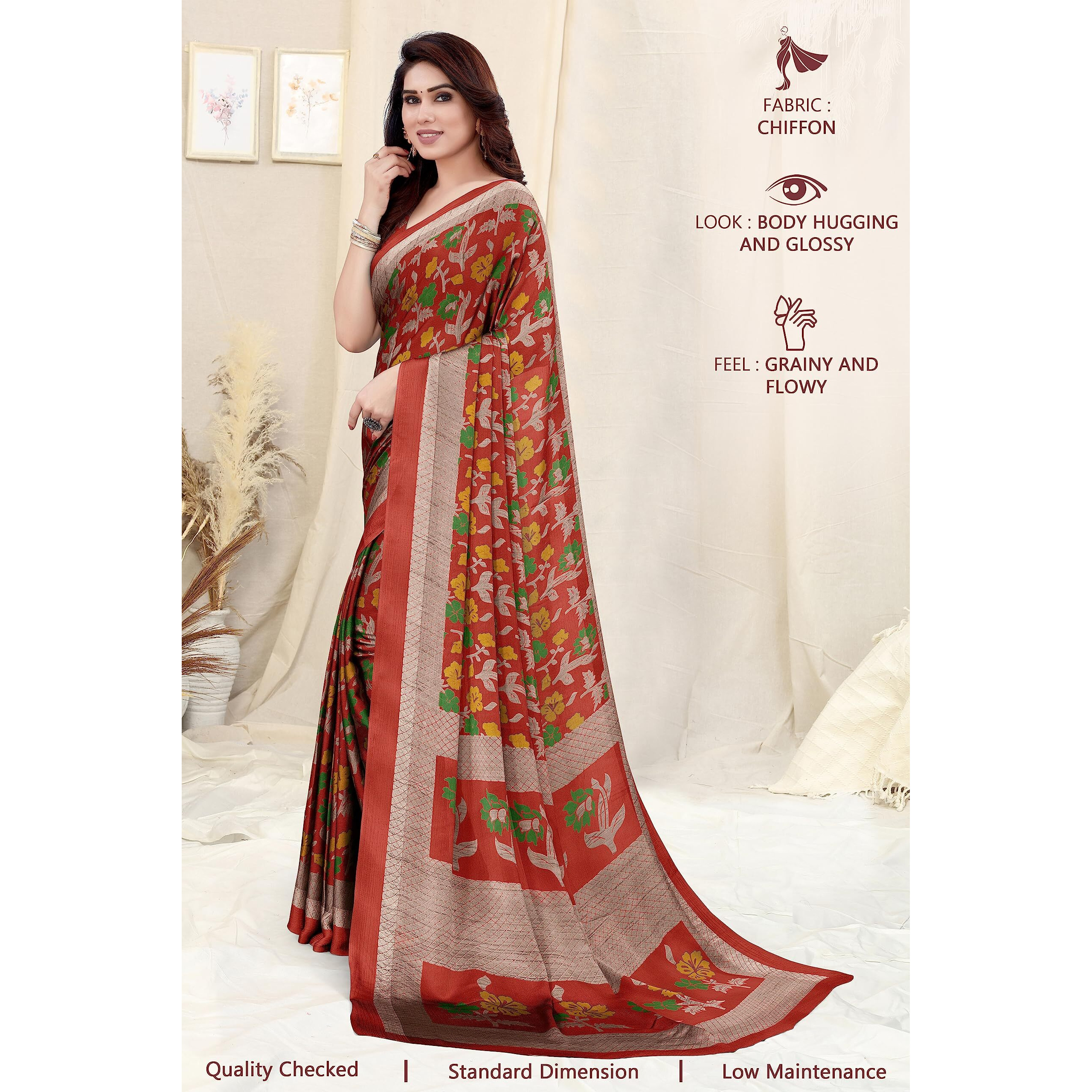 MIRCHI FASHION Womens Plain Weave Chiffon Floral Printed Saree with Blouse Piece (38534-Red, Green)