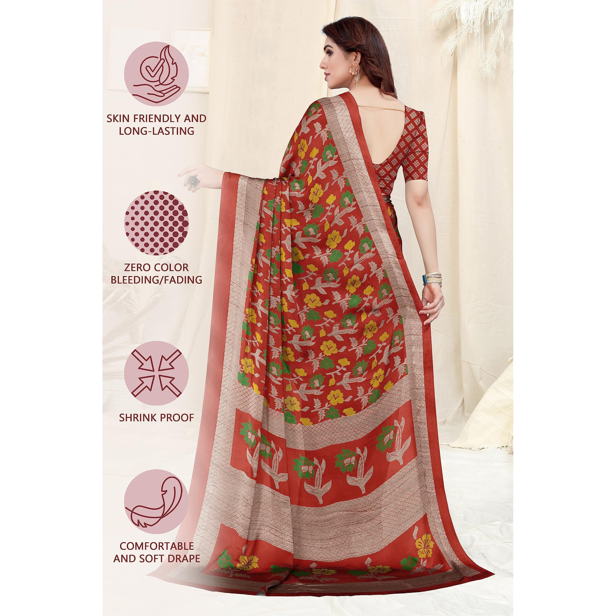 MIRCHI FASHION Womens Plain Weave Chiffon Floral Printed Saree with Blouse Piece (38534-Red, Green)