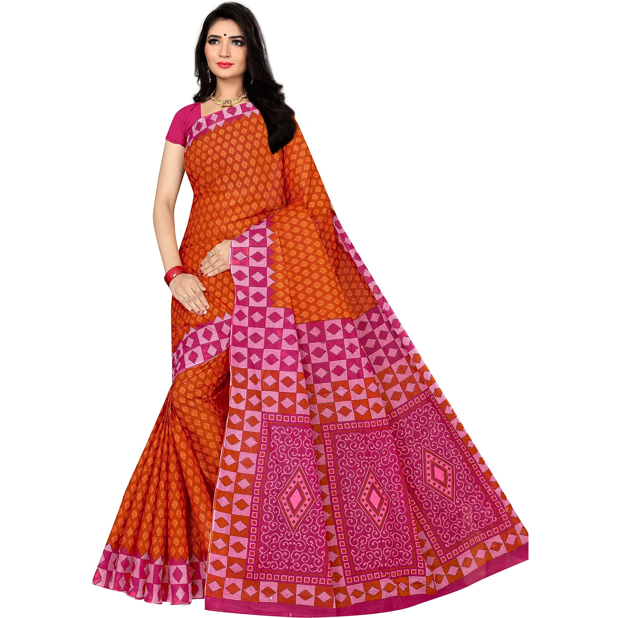 TAMAIRA FASHION Womens Plain Weave Pure Cotton Saree Without Blouse Piece(AB15_Rust&Magenta)