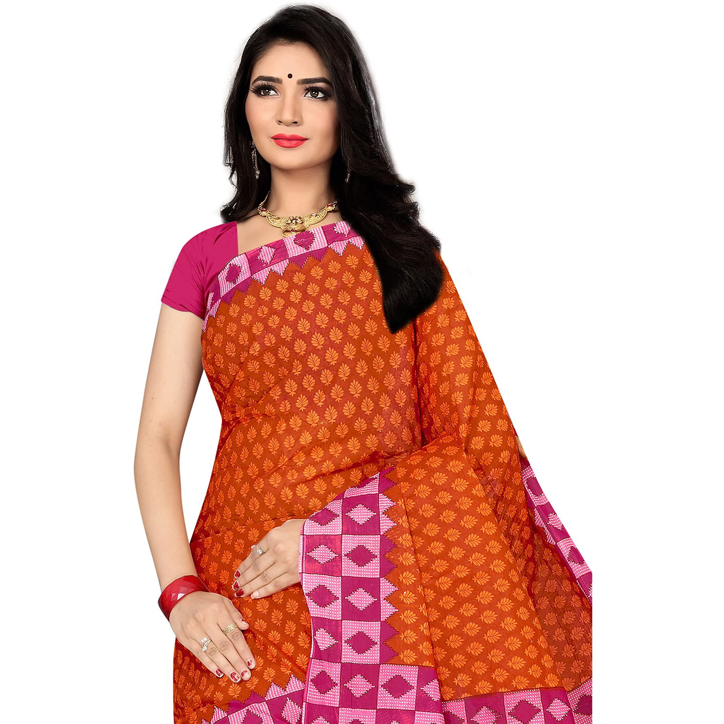 TAMAIRA FASHION Womens Plain Weave Pure Cotton Saree Without Blouse Piece(AB15_Rust&Magenta)