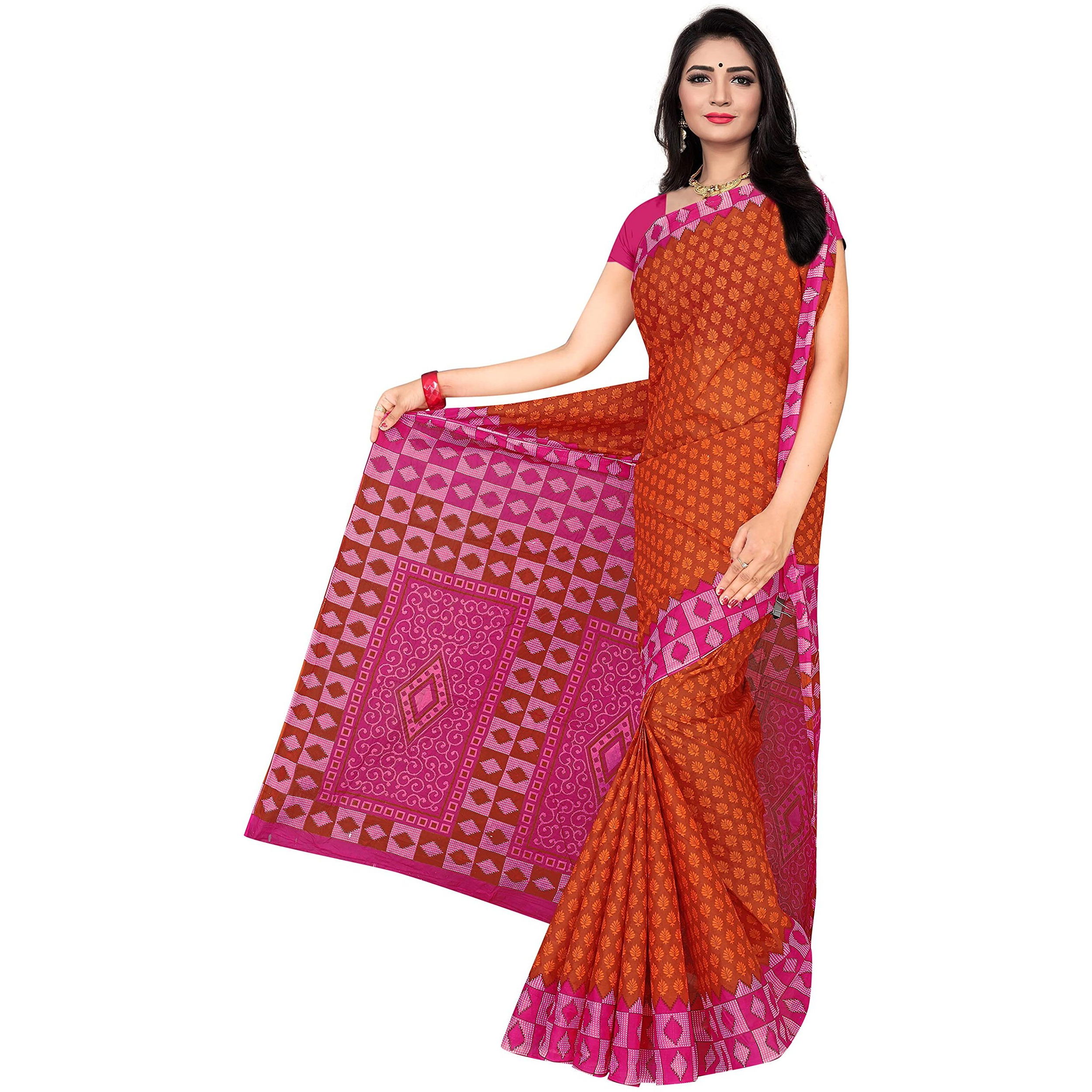 TAMAIRA FASHION Womens Plain Weave Pure Cotton Saree Without Blouse Piece(AB15_Rust&Magenta)