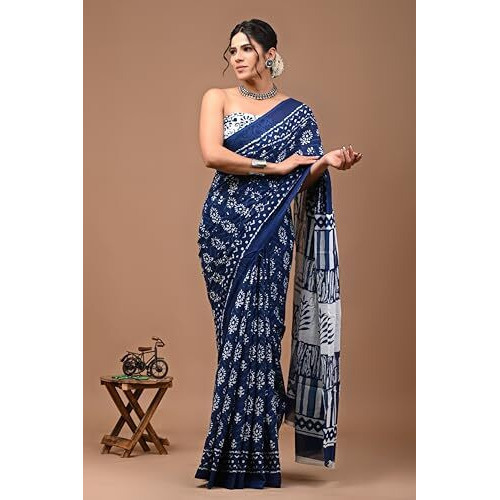 Crafts Moda Women Pure Cotton Navy Blue Saree Floral Print With Unstitched Blouse