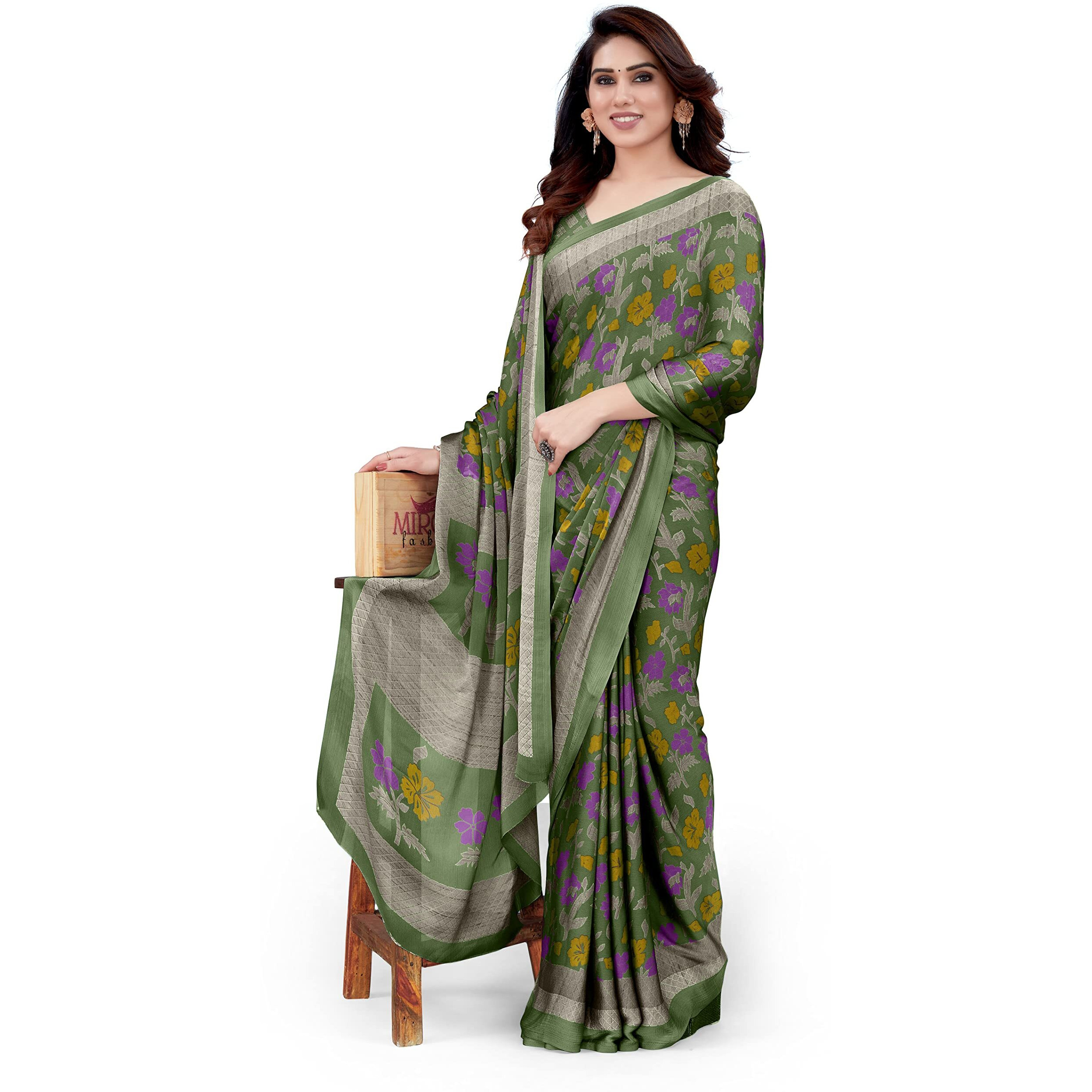 MIRCHI FASHION Womens Plain Weave Chiffon Floral Printed Saree with Blouse Piece (38535-Dusty Green, Purple, Mustard)
