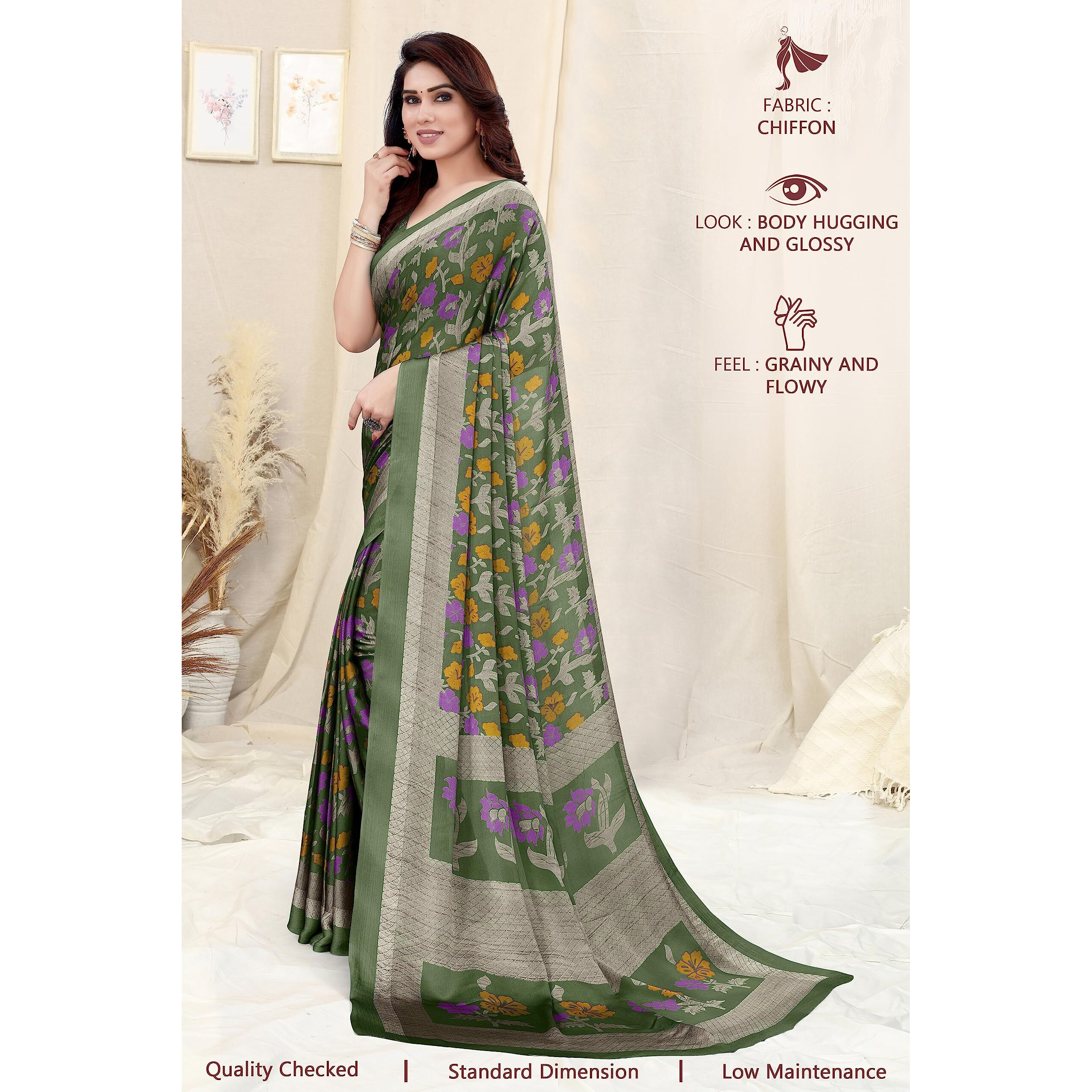 MIRCHI FASHION Womens Plain Weave Chiffon Floral Printed Saree with Blouse Piece (38535-Dusty Green, Purple, Mustard)