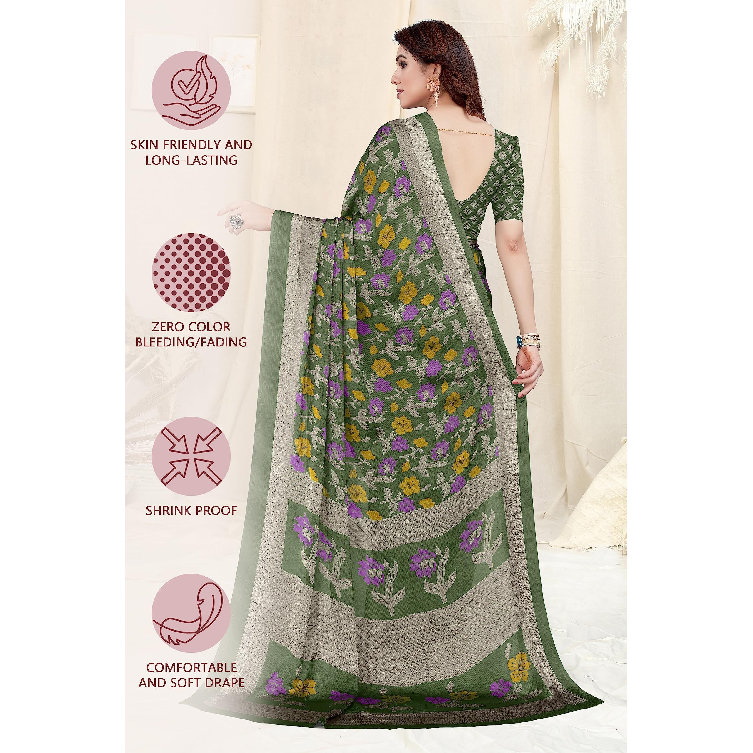 MIRCHI FASHION Womens Plain Weave Chiffon Floral Printed Saree with Blouse Piece (38535-Dusty Green, Purple, Mustard)