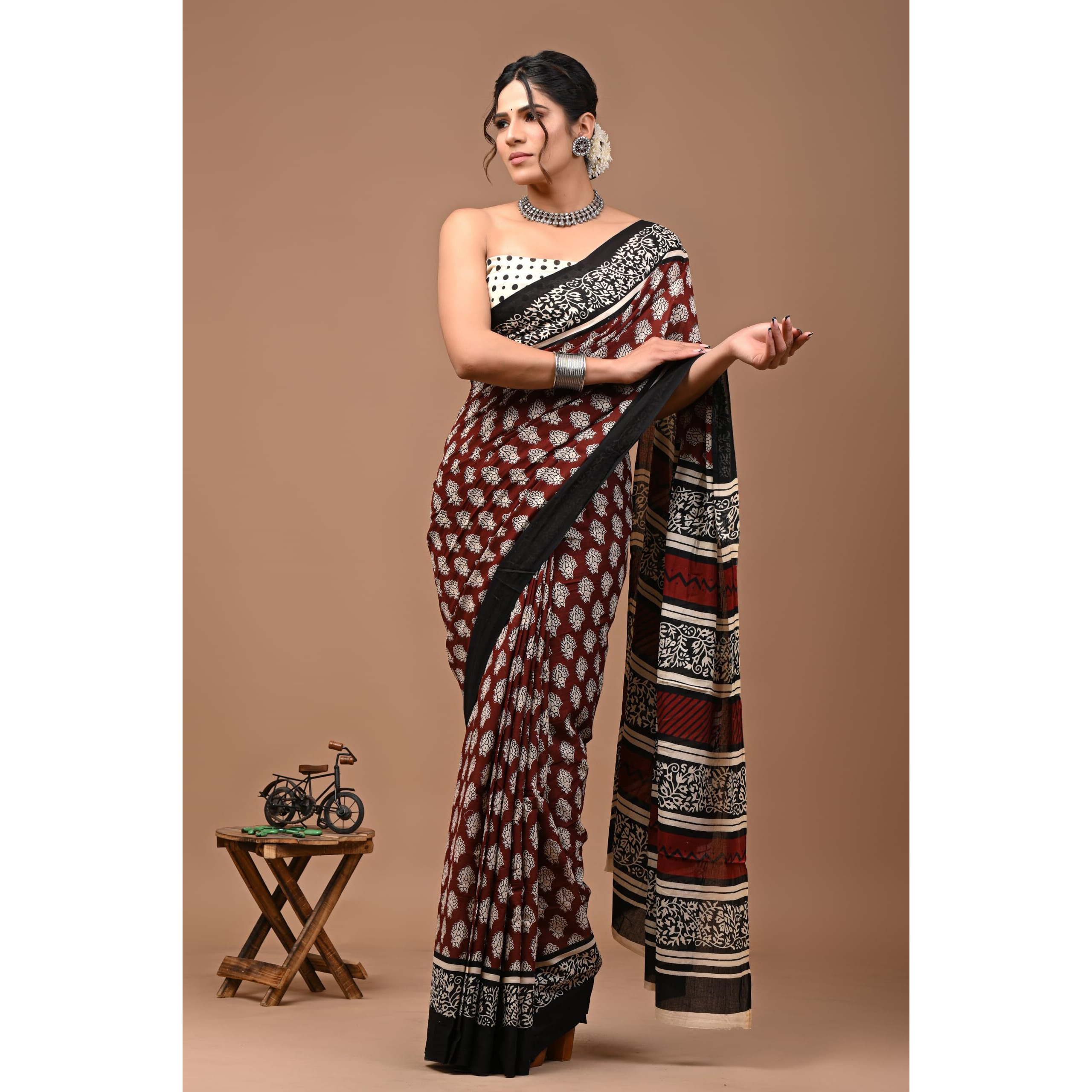 Crafts Moda Women Pure Cotton Maroon Saree Floral Printed With Unstitched Blouse