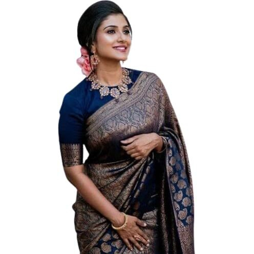 Flosive Womens Kanjivaram Silk Saree With Handloom Weaving Work With Blouse (BLUE B)