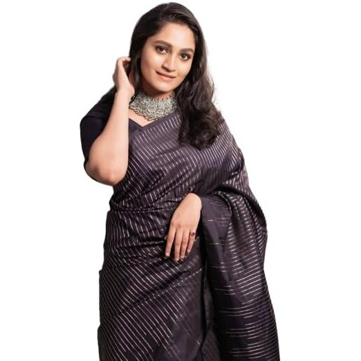 Flosive Womens Kanjivaram Silk Saree With Handloom Weaving Work With Blouse (BLACK LINE)
