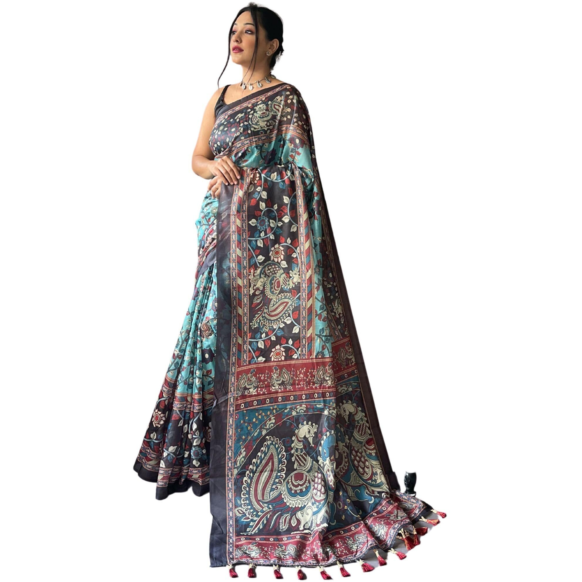 SGF11 Womens Cotton Linen Kalamkari Silk Printed Saree With Blouse Piece (Blue)