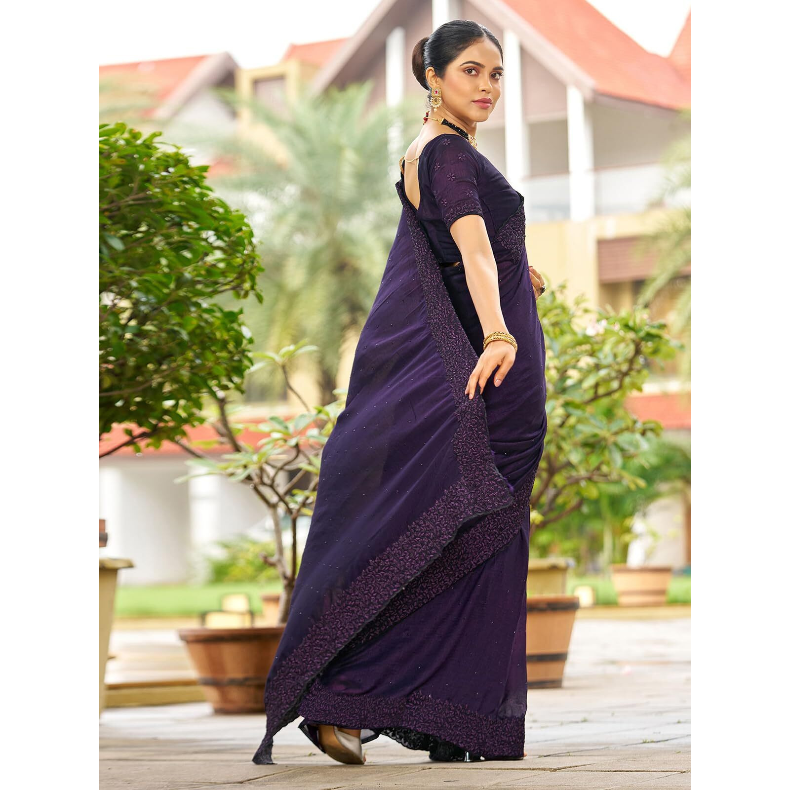SIRIL Womens Embroidery Stone Work Vichitra Silk Saree with Unstitched Blouse Piece (3351S366_Purple)