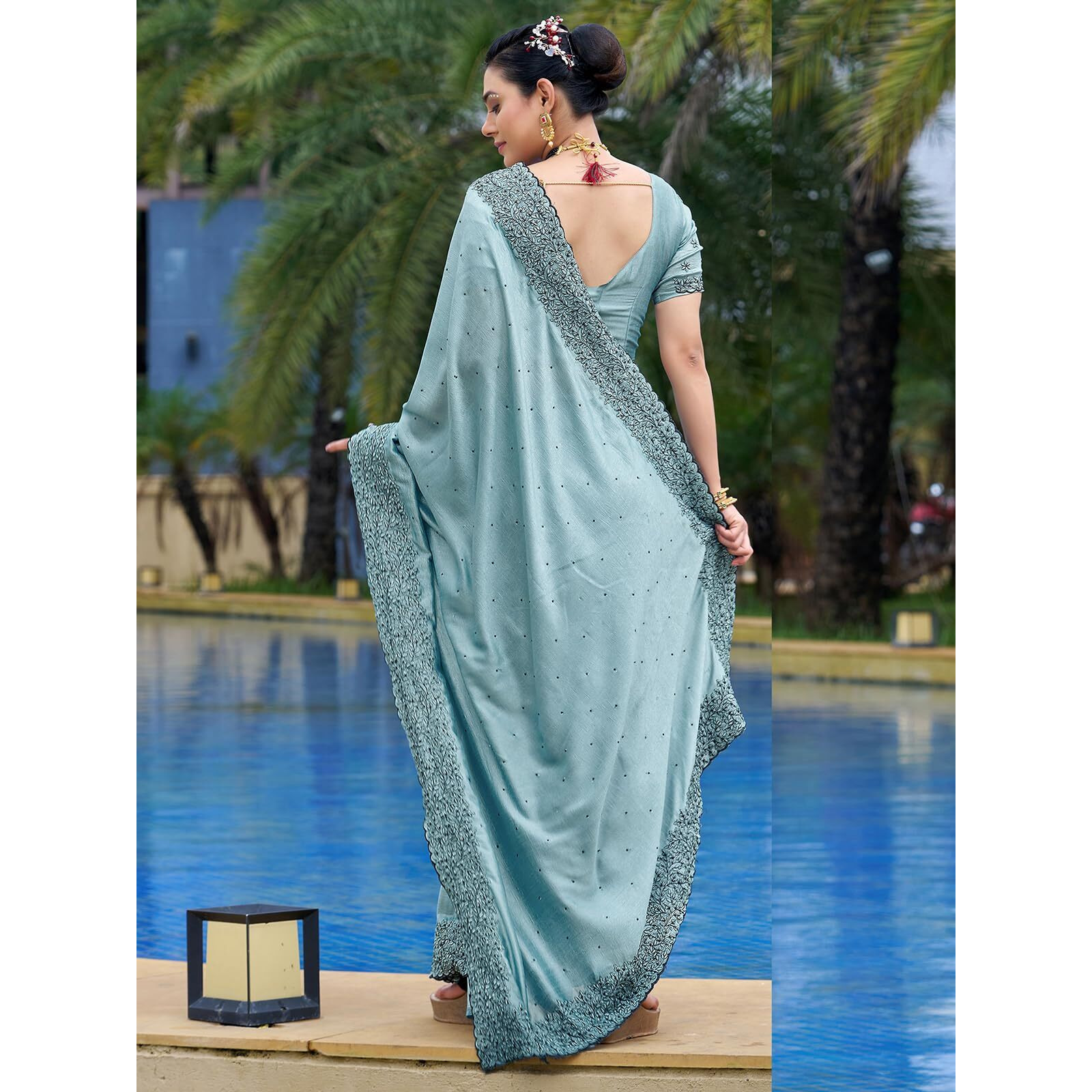 SIRIL Womens Embroidery Stone Work Vichitra Silk Saree with Unstitched Blouse Piece (3351S370_Light Blue)