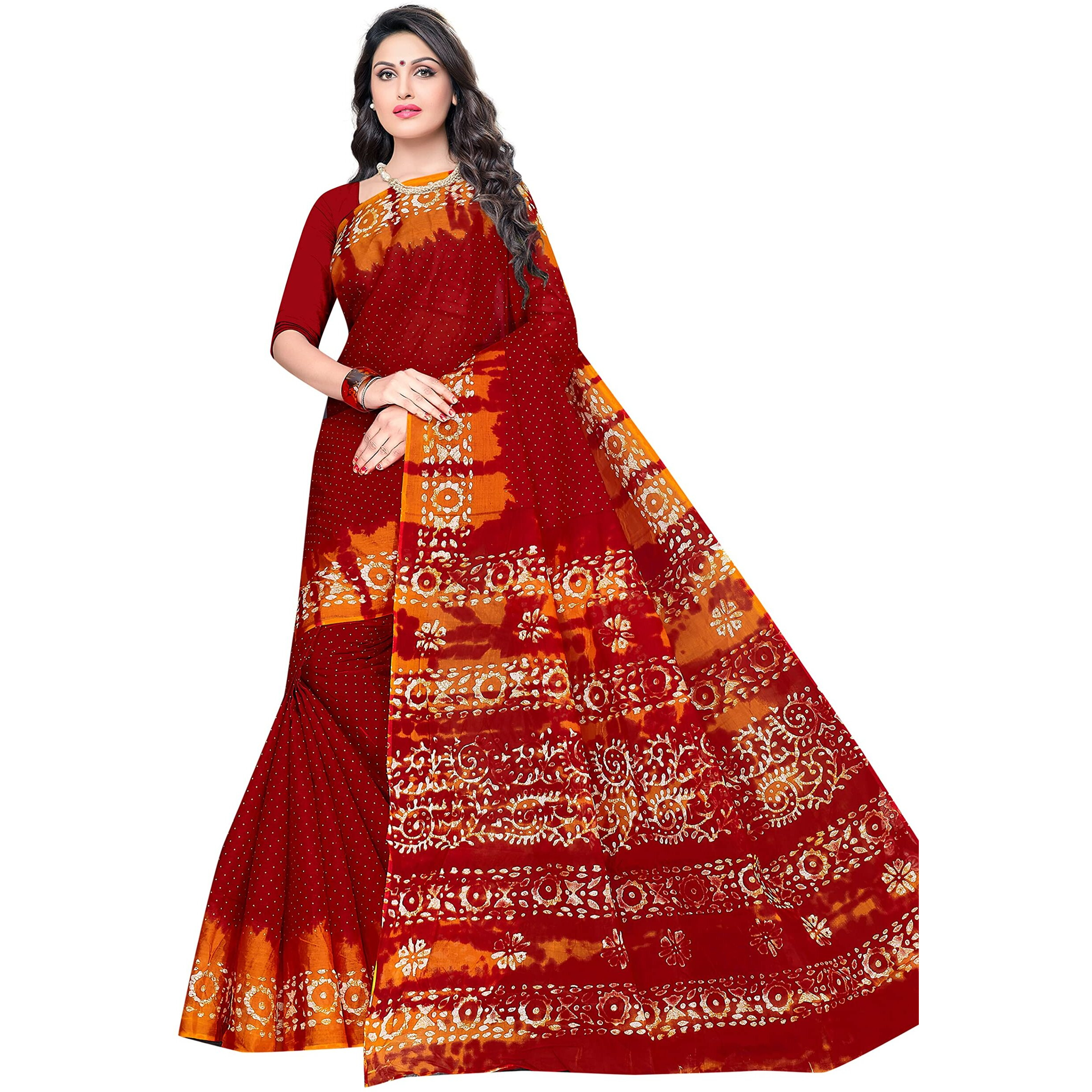 TAMAIRA FASHION Womens Plain Weave Pure Cotton Saree Without Blouse Piece (1920_Red)