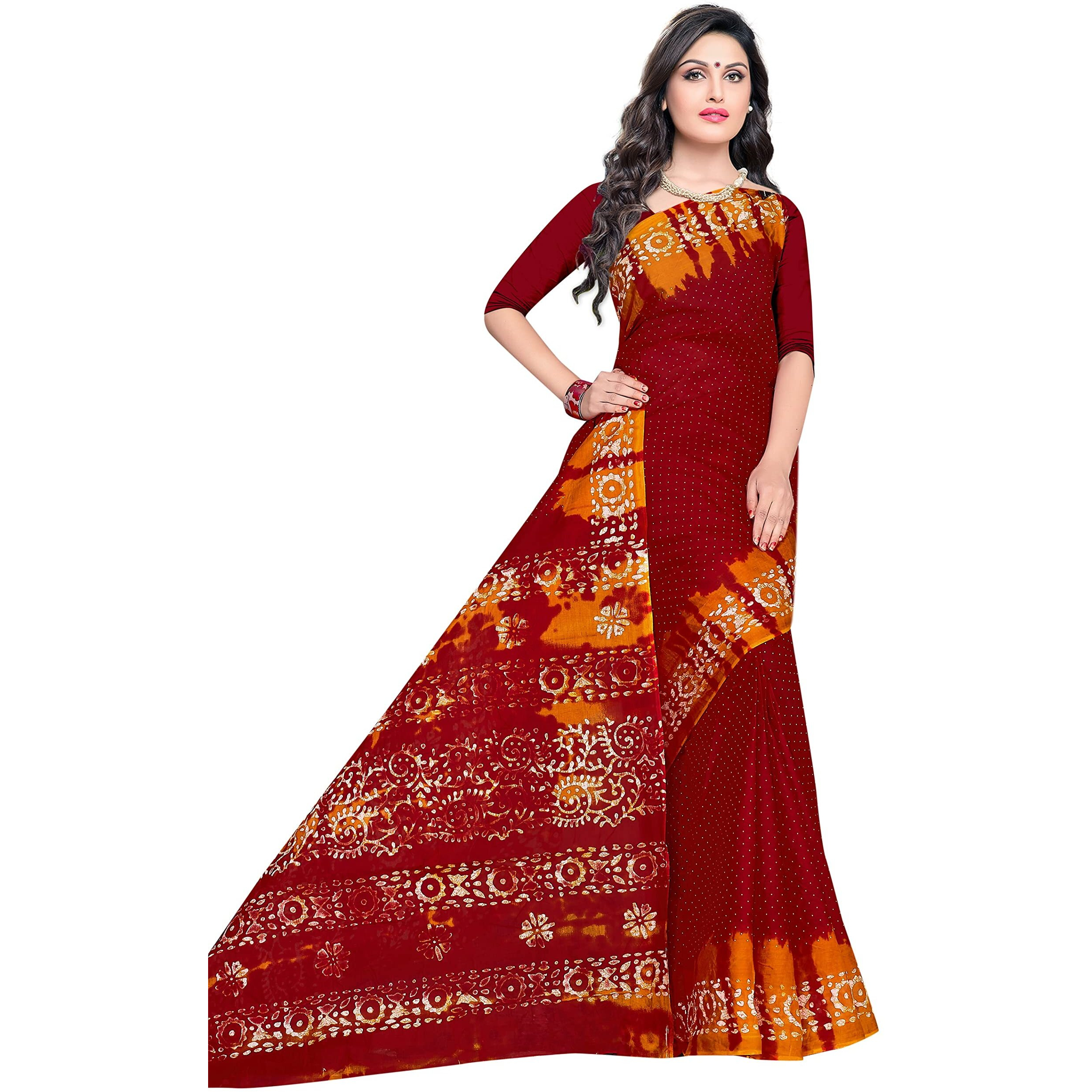 TAMAIRA FASHION Womens Plain Weave Pure Cotton Saree Without Blouse Piece (1920_Red)