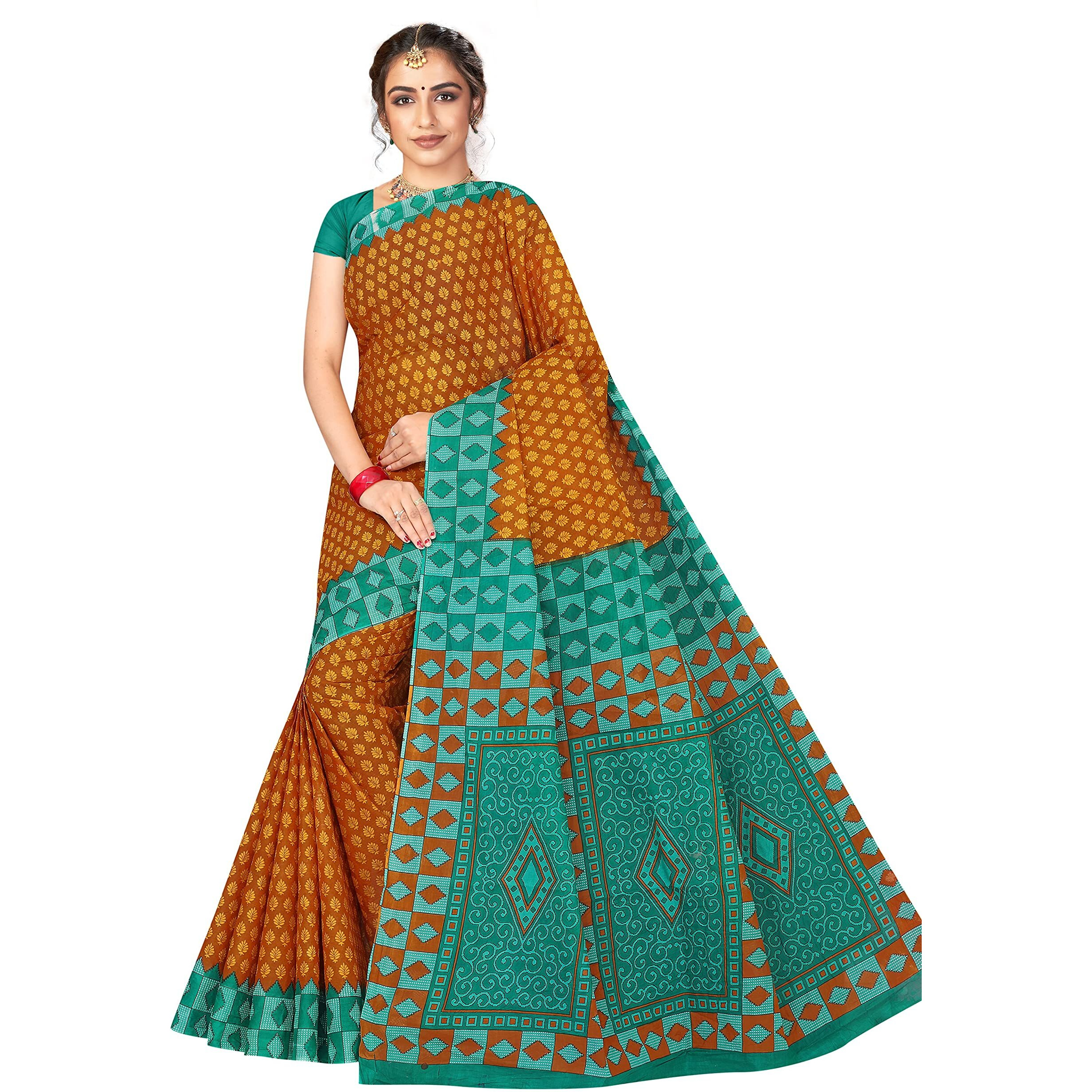 TAMAIRA FASHION Womens Plain Weave Pure Cotton Saree Without Blouse Piece(AB15_Mustard&Seagreen)