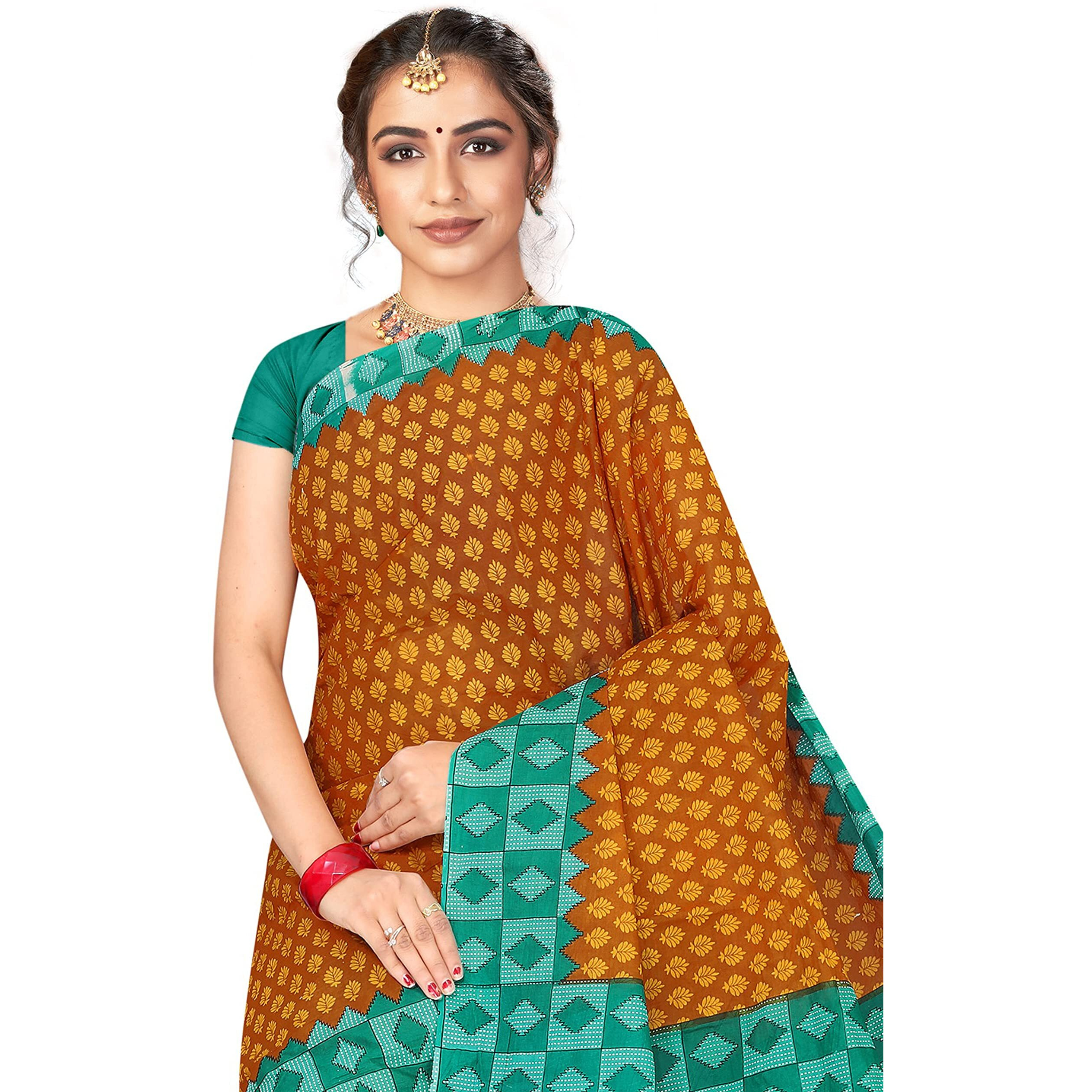 TAMAIRA FASHION Womens Plain Weave Pure Cotton Saree Without Blouse Piece(AB15_Mustard&Seagreen)