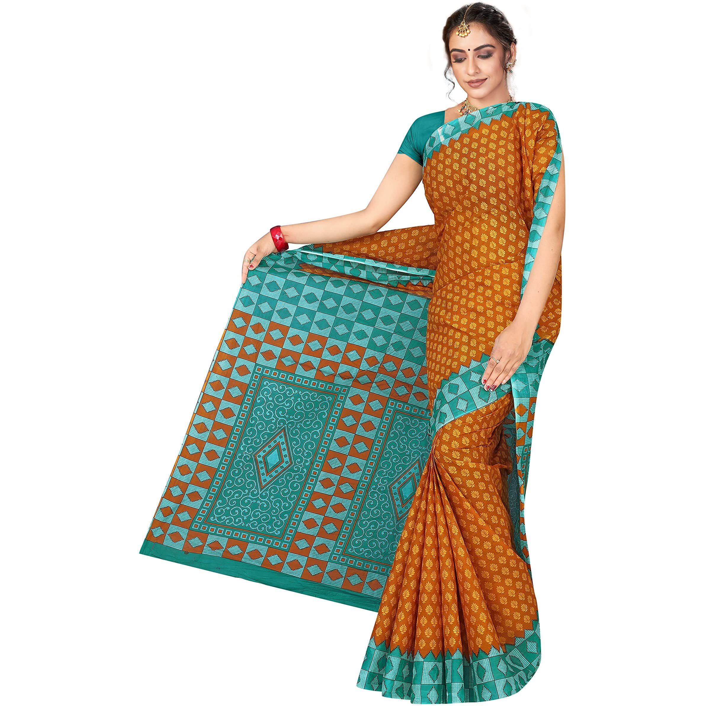 TAMAIRA FASHION Womens Plain Weave Pure Cotton Saree Without Blouse Piece(AB15_Mustard&Seagreen)