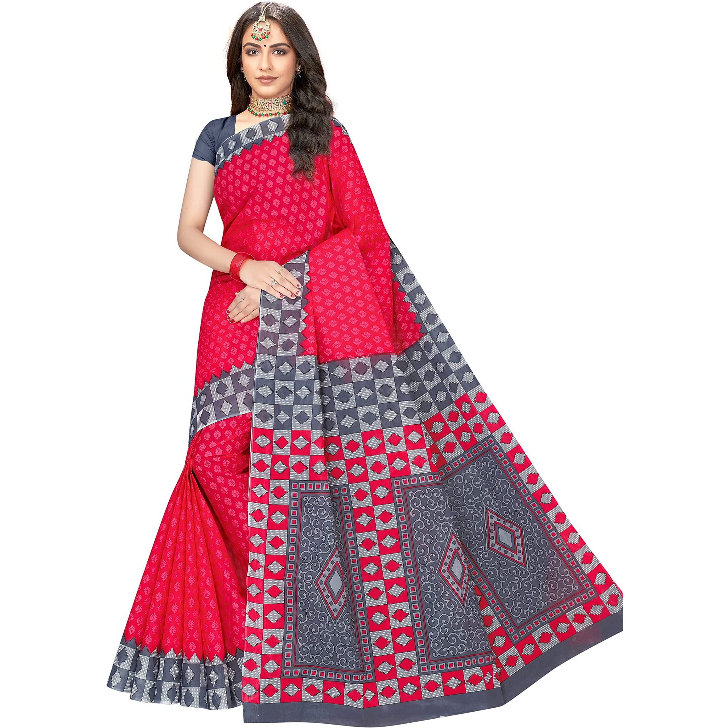 TAMAIRA FASHION Womens Plain Weave Pure Cotton Saree Without Blouse Piece (AB15_PinkandGrey)