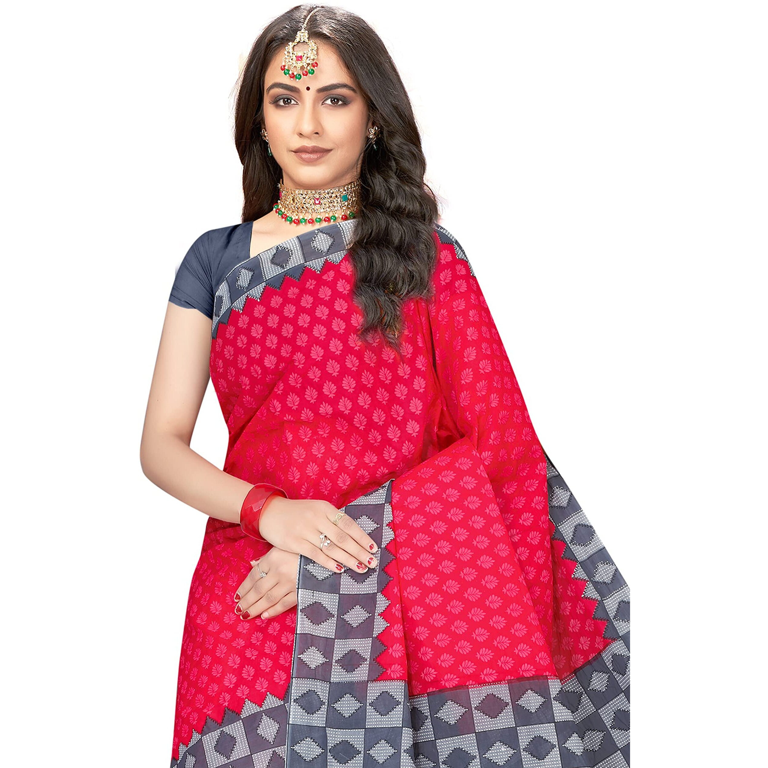 TAMAIRA FASHION Womens Plain Weave Pure Cotton Saree Without Blouse Piece (AB15_PinkandGrey)