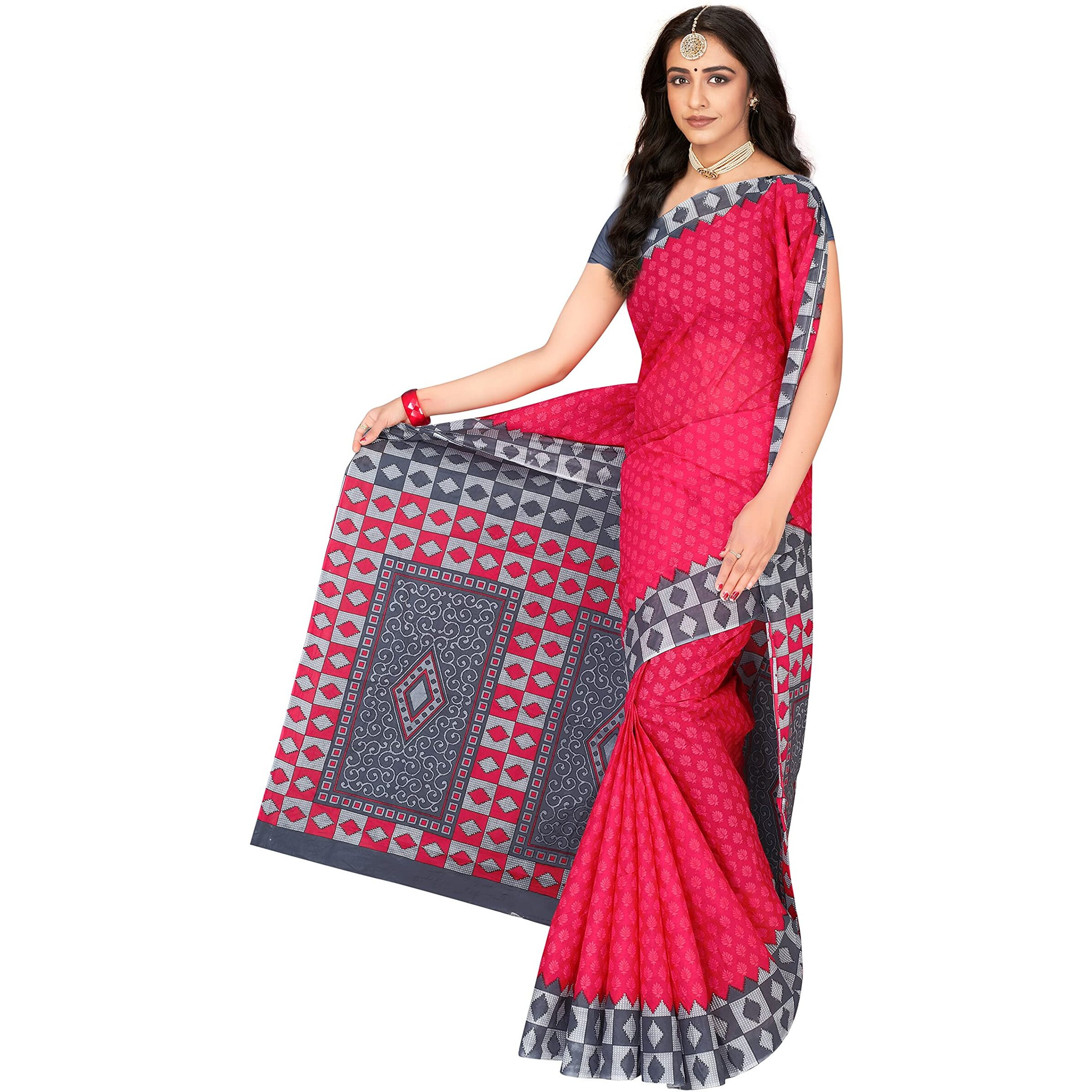 TAMAIRA FASHION Womens Plain Weave Pure Cotton Saree Without Blouse Piece (AB15_PinkandGrey)