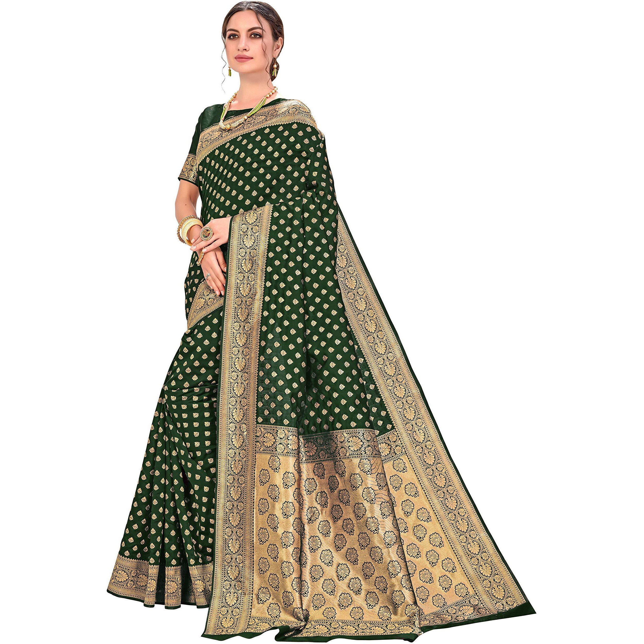 Glory Sarees Womens Banarasi Silk Saree With Blouse Piece (kara128_darkgreen_Dark Green)