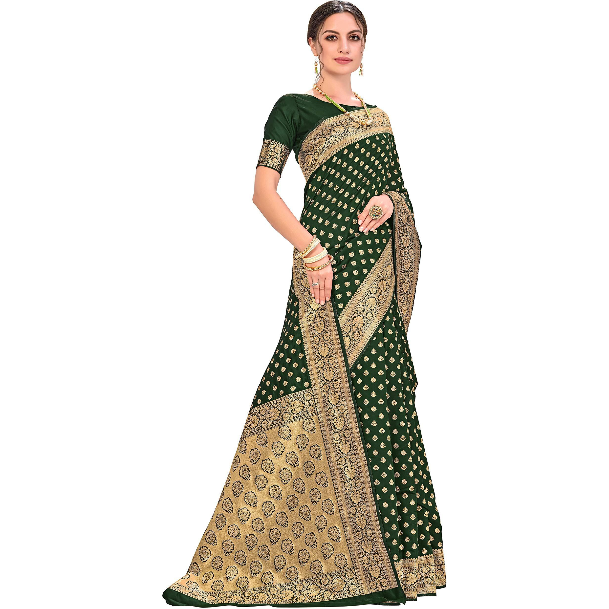 Glory Sarees Womens Banarasi Silk Saree With Blouse Piece (kara128_darkgreen_Dark Green)