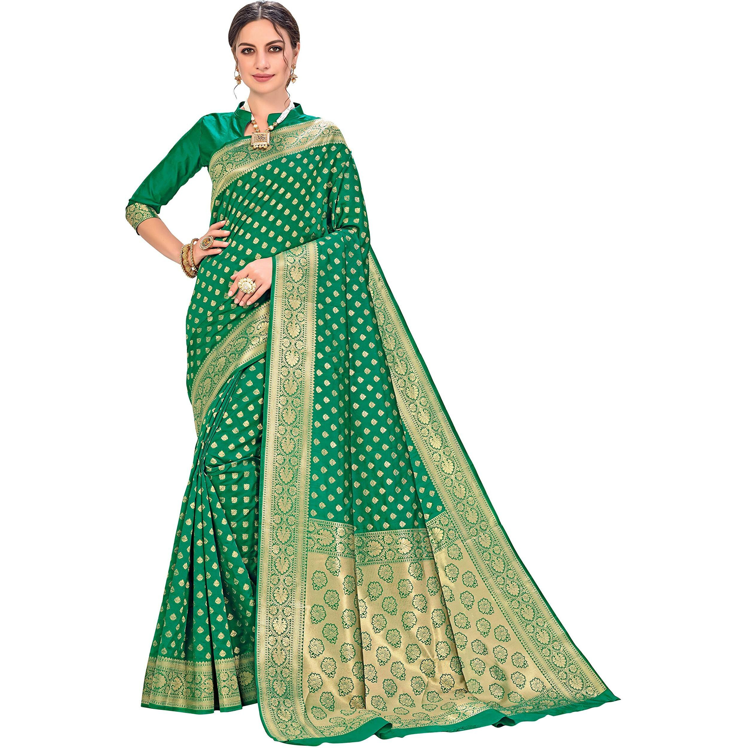 Glory Sarees Womens Banarasi Silk Saree With Blouse Piece (Kara128_Green_Green)