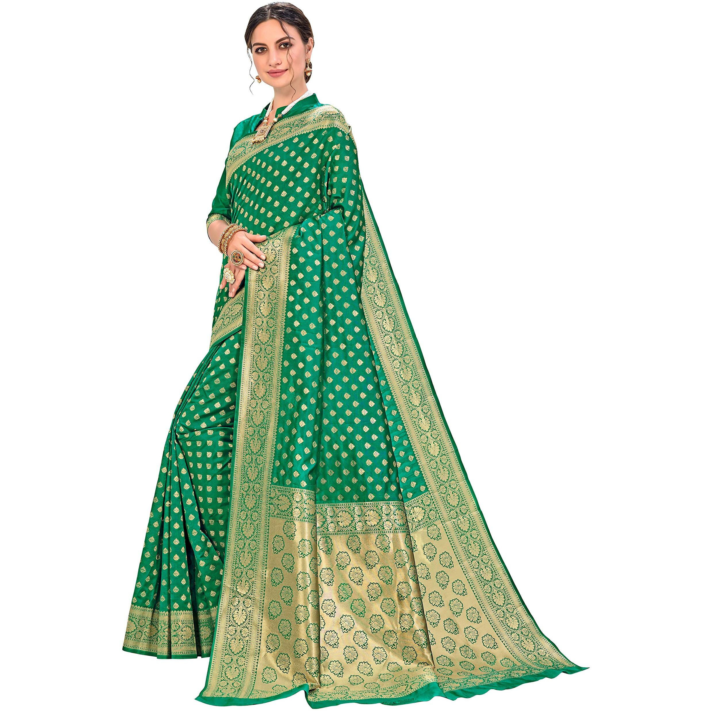 Glory Sarees Womens Banarasi Silk Saree With Blouse Piece (Kara128_Green_Green)