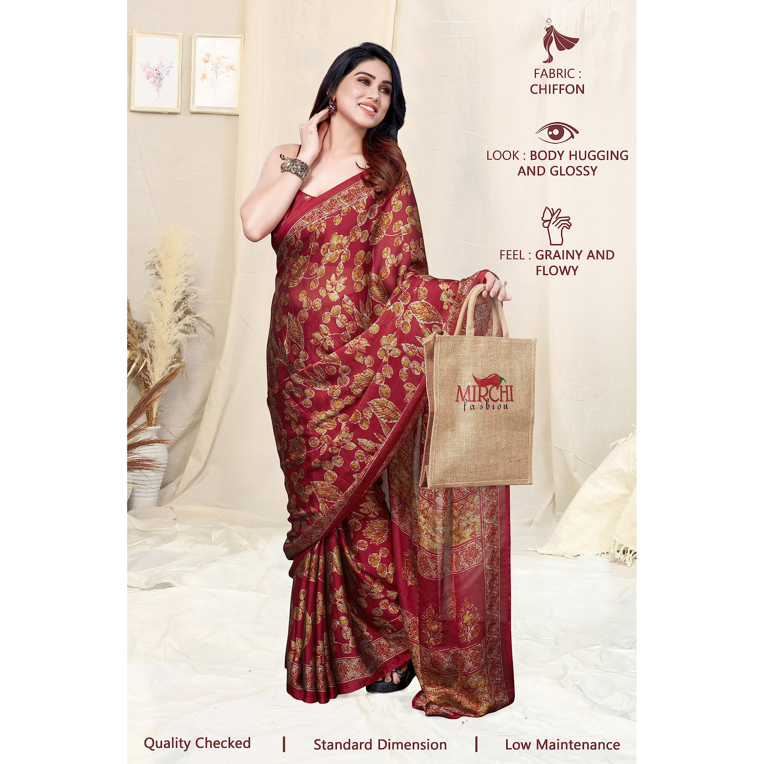 MIRCHI FASHION Womens Plain Weave Chiffon Batik Printed Saree with Blouse Piece (36663-Dark Red, Mustard)